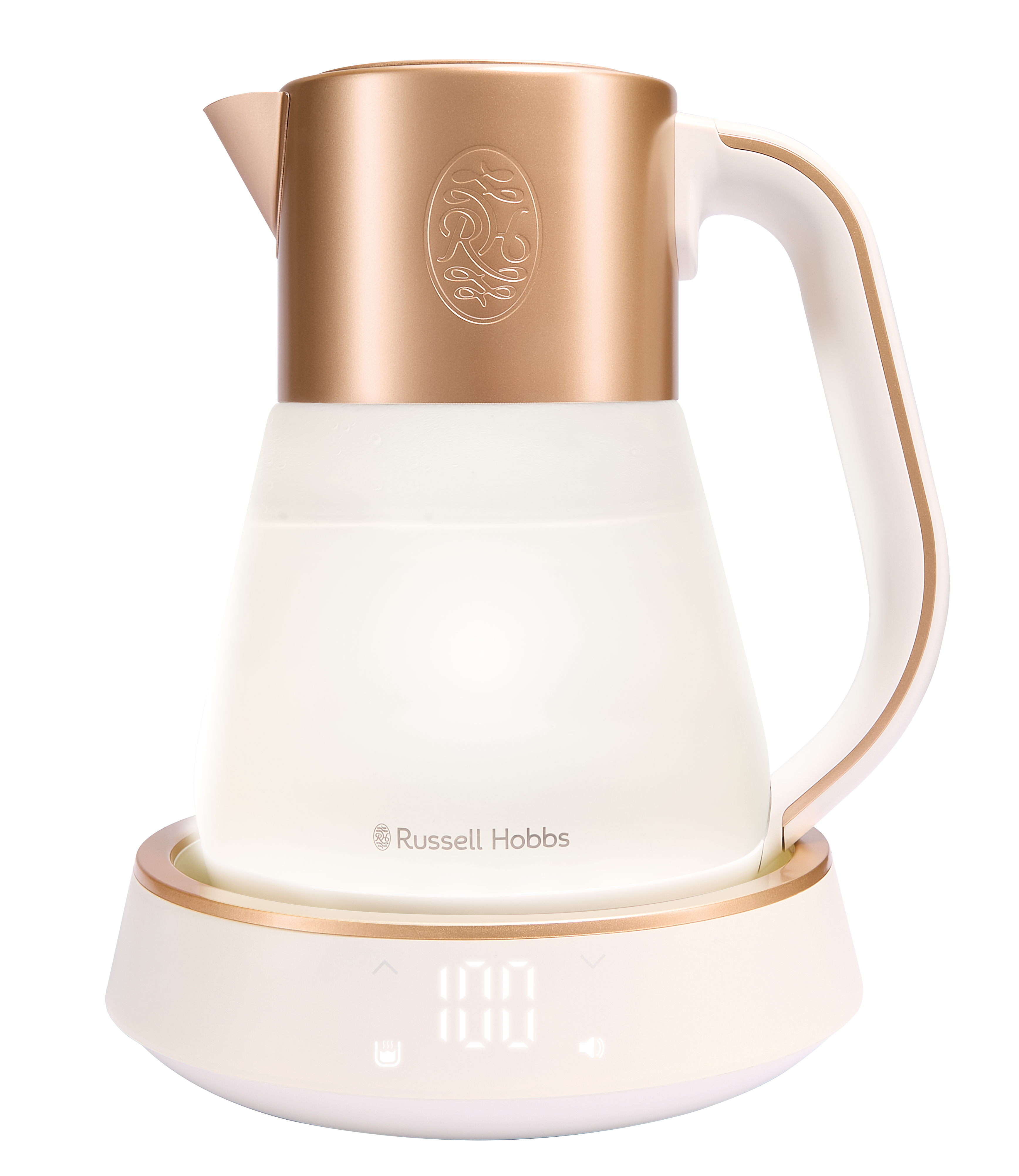 Ein weißer und goldener Wasserkocher auf einem weißen Sockel mit Digitalanzeige.
