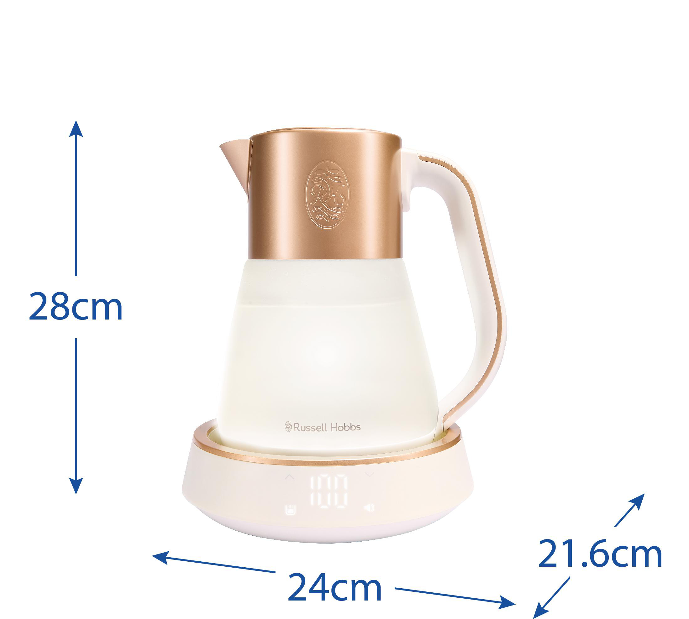 Weiß-goldener Wasserkocher, mit Maßen in cm, weißer Hintergrund.