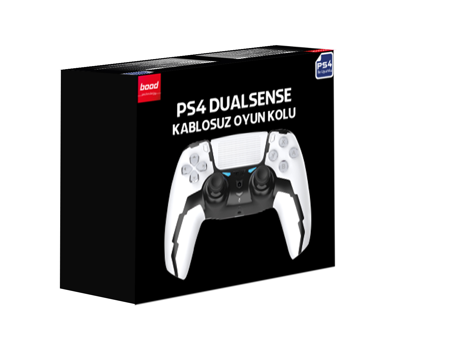 PS4 DualSense kablosuz oyun kumandası görüntüsü olan siyah kutu. Kutu üzerinde beyaz metin ve kumanda resmi var.