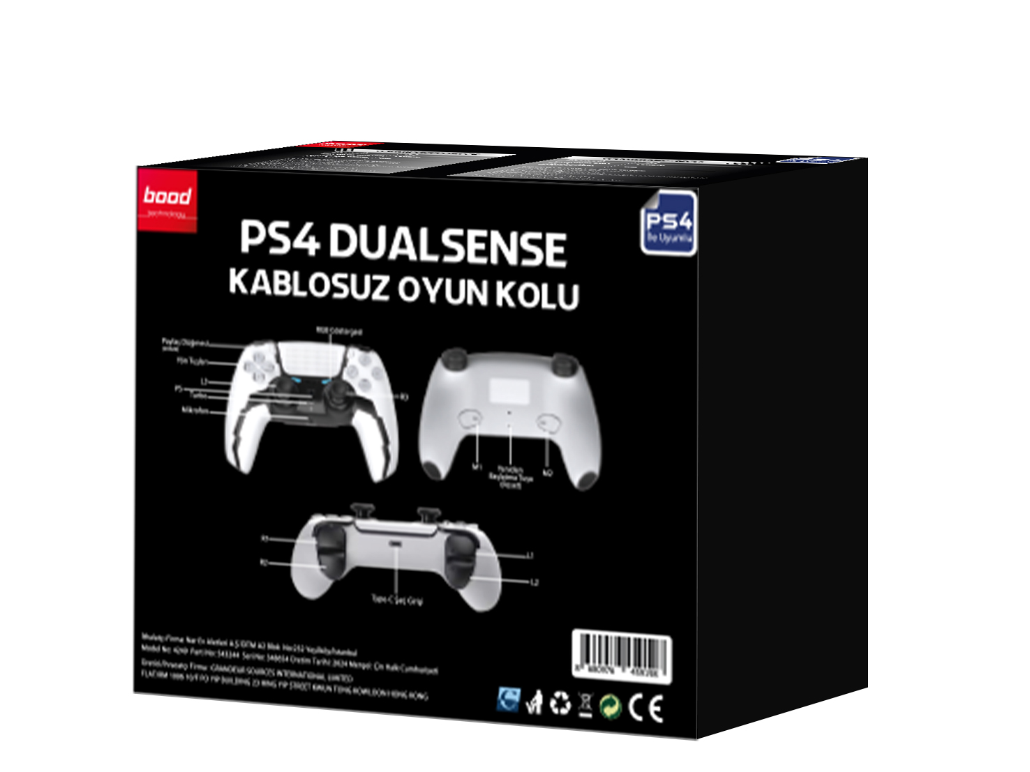 Beyaz bir PlayStation 4 denetleyicisinin resimlerinin bulunduğu siyah kutu. Türkçe metin.