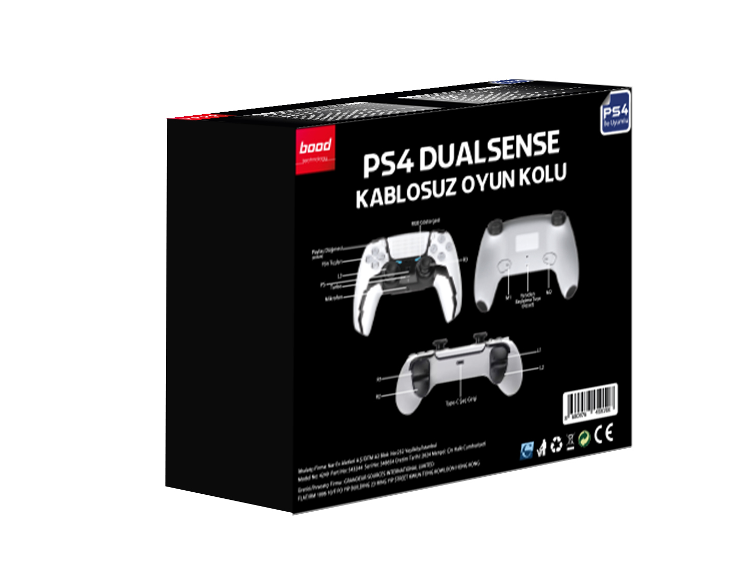 PS4 Dualsense kablosuz kontrol cihazının diyagramlarını, model ayrıntılarını ve logoları içeren siyah kutu.