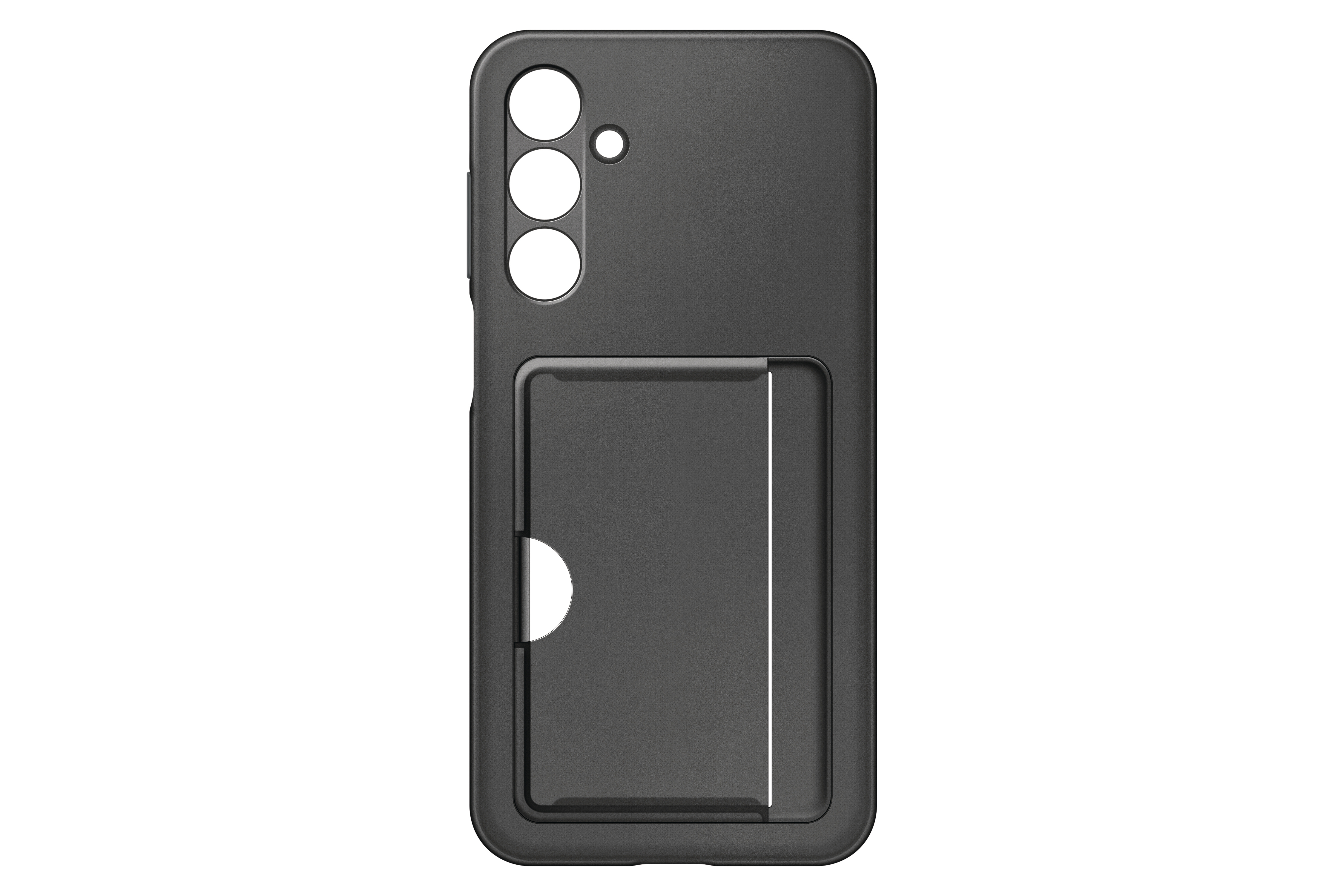 Schwarze Handyhülle mit Kartenhalter. Die Hülle befindet sich auf weißem Hintergrund.