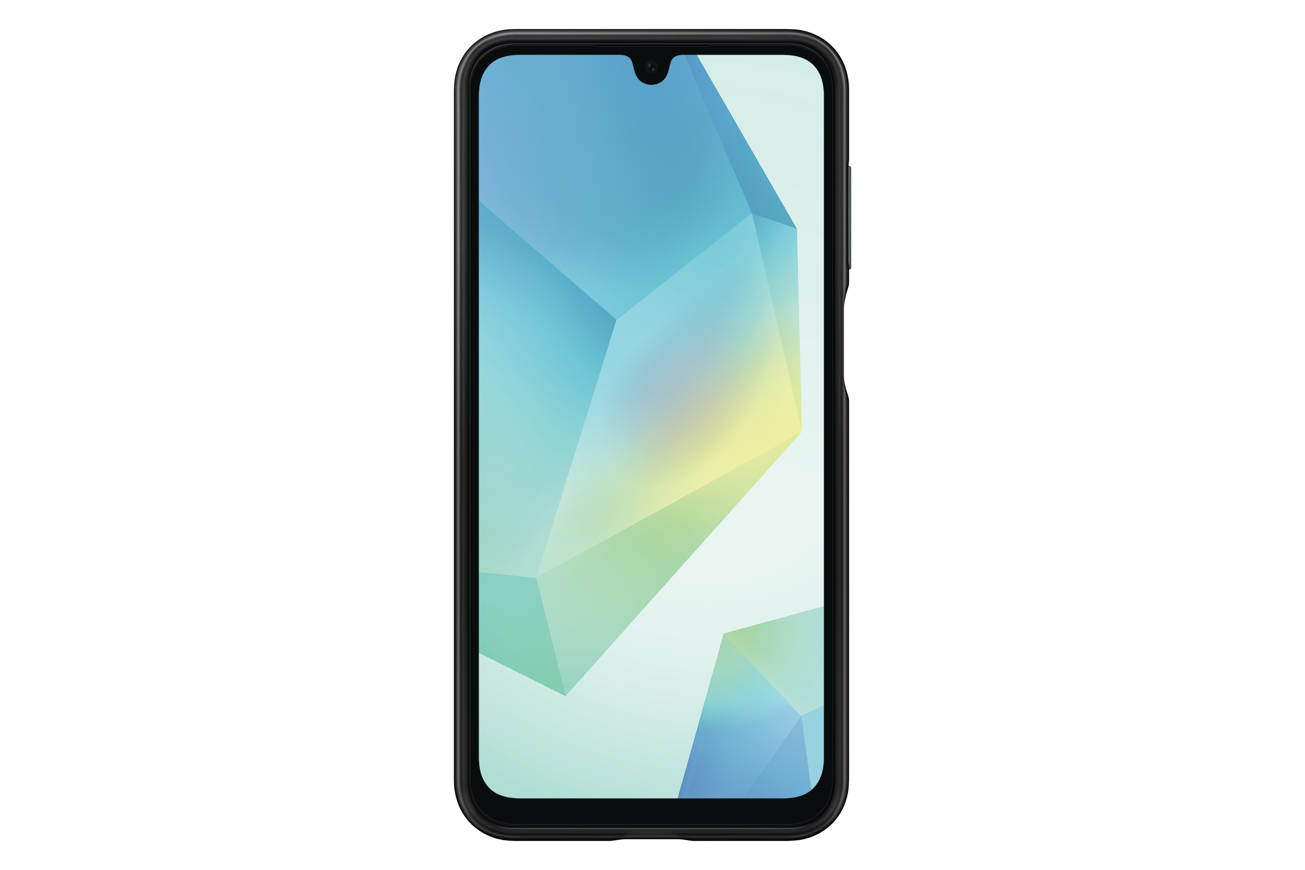 Ein schwarzes Smartphone mit einem farbenfrohen, abstrakten Hintergrund auf dem Bildschirm.