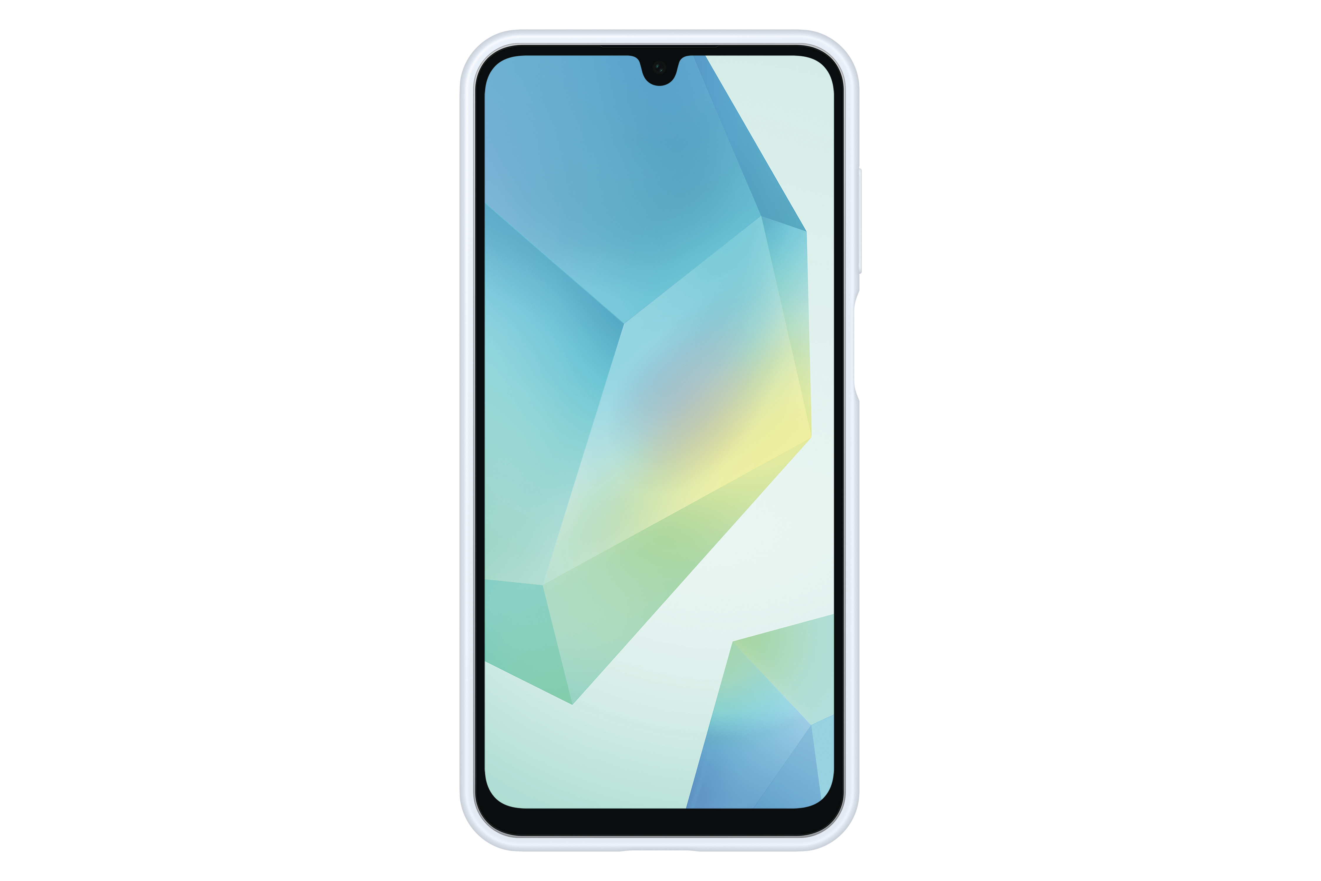 Ein weißes Smartphone mit hellblauer Hülle und geometrischem Design auf dem Bildschirm.