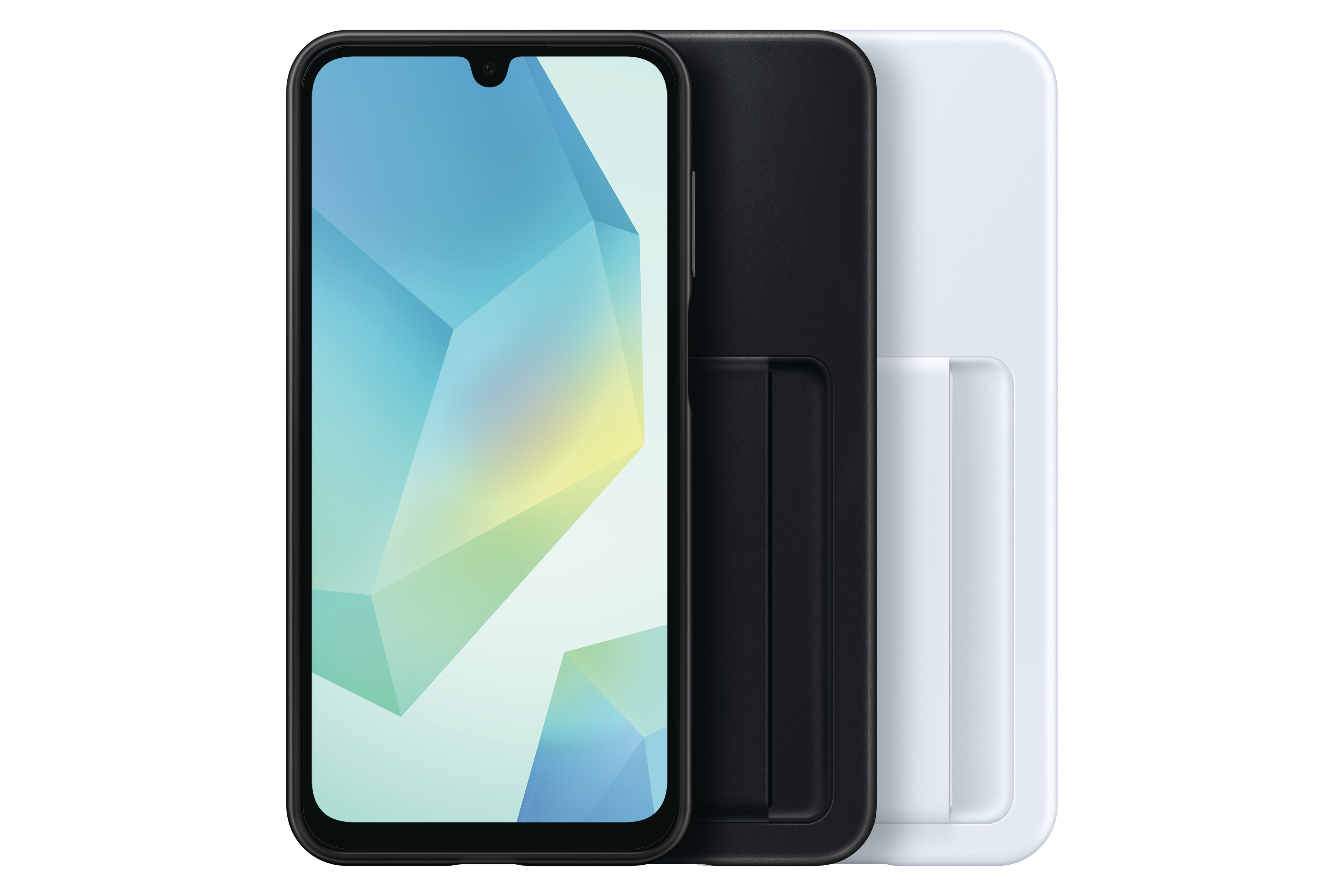 Ein Smartphone mit einem Bildschirm, der ein geometrisches Design zeigt, plus zwei Hüllen.