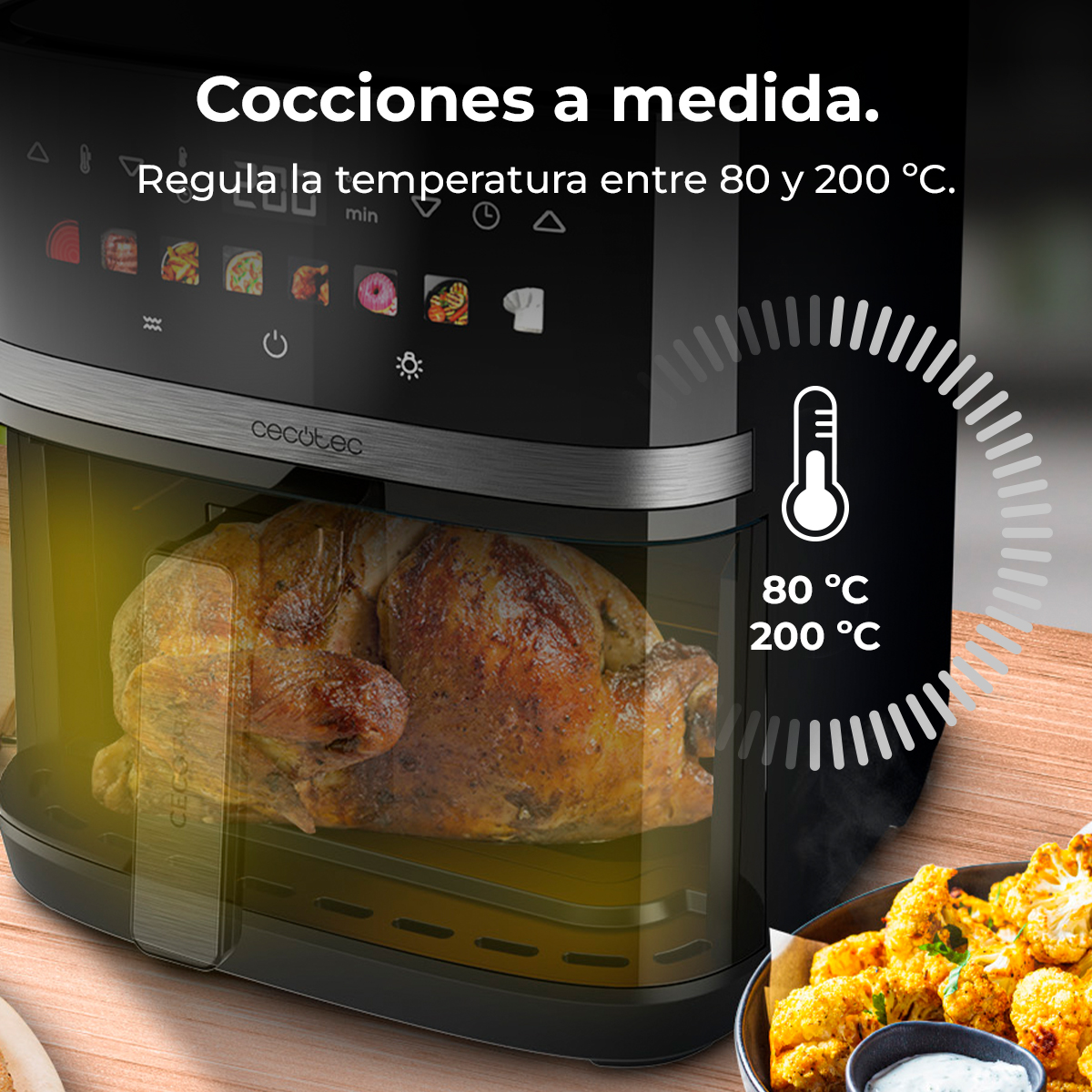 Una freidora de aire con pollo asado adentro, con detalles de temperatura.