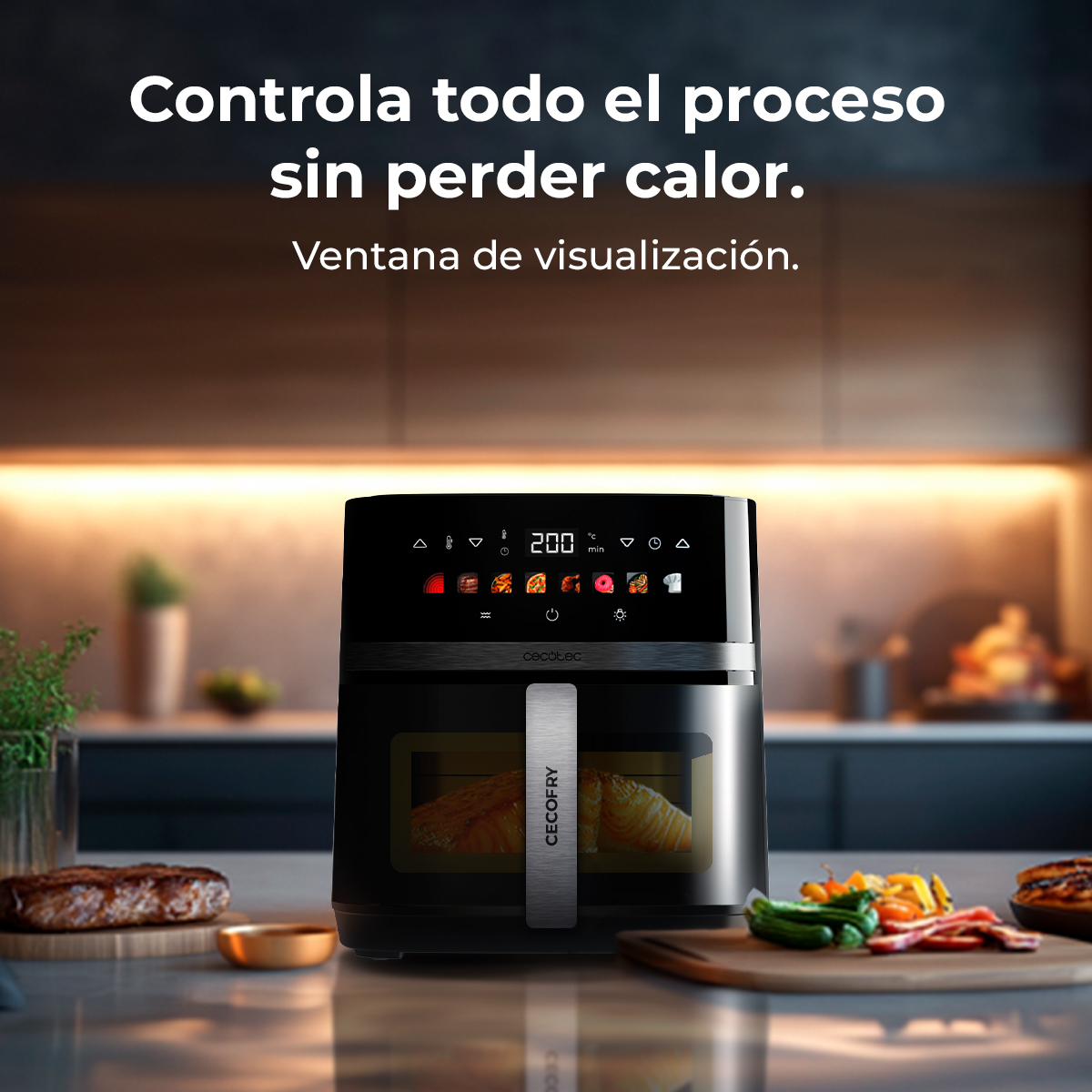 Freidora de aire negra con pantalla digital, con comida dentro. Verduras y comida en tabla de madera.
