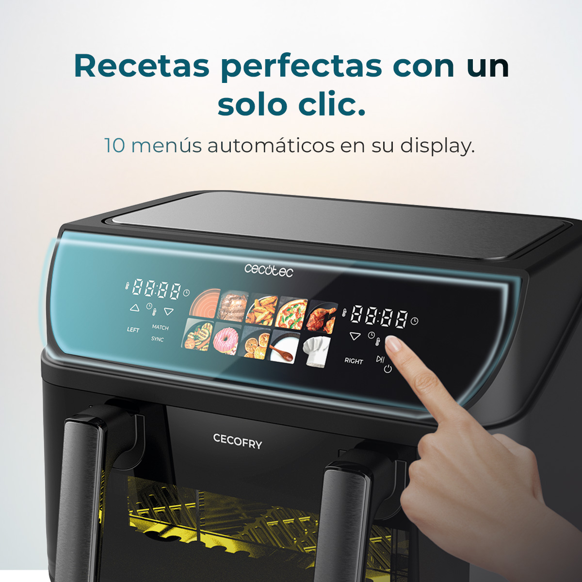 Freidora de aire negra con pantalla táctil y una mano tocándola.