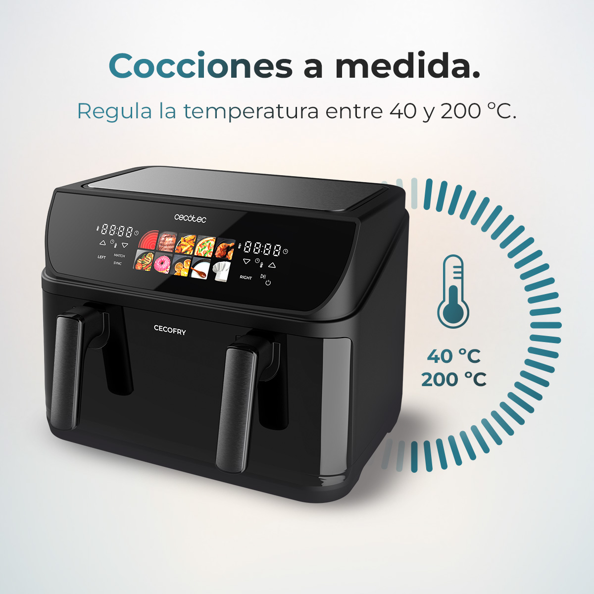 Freidora de aire negra con pantalla digital, indicadores de temperatura y texto.