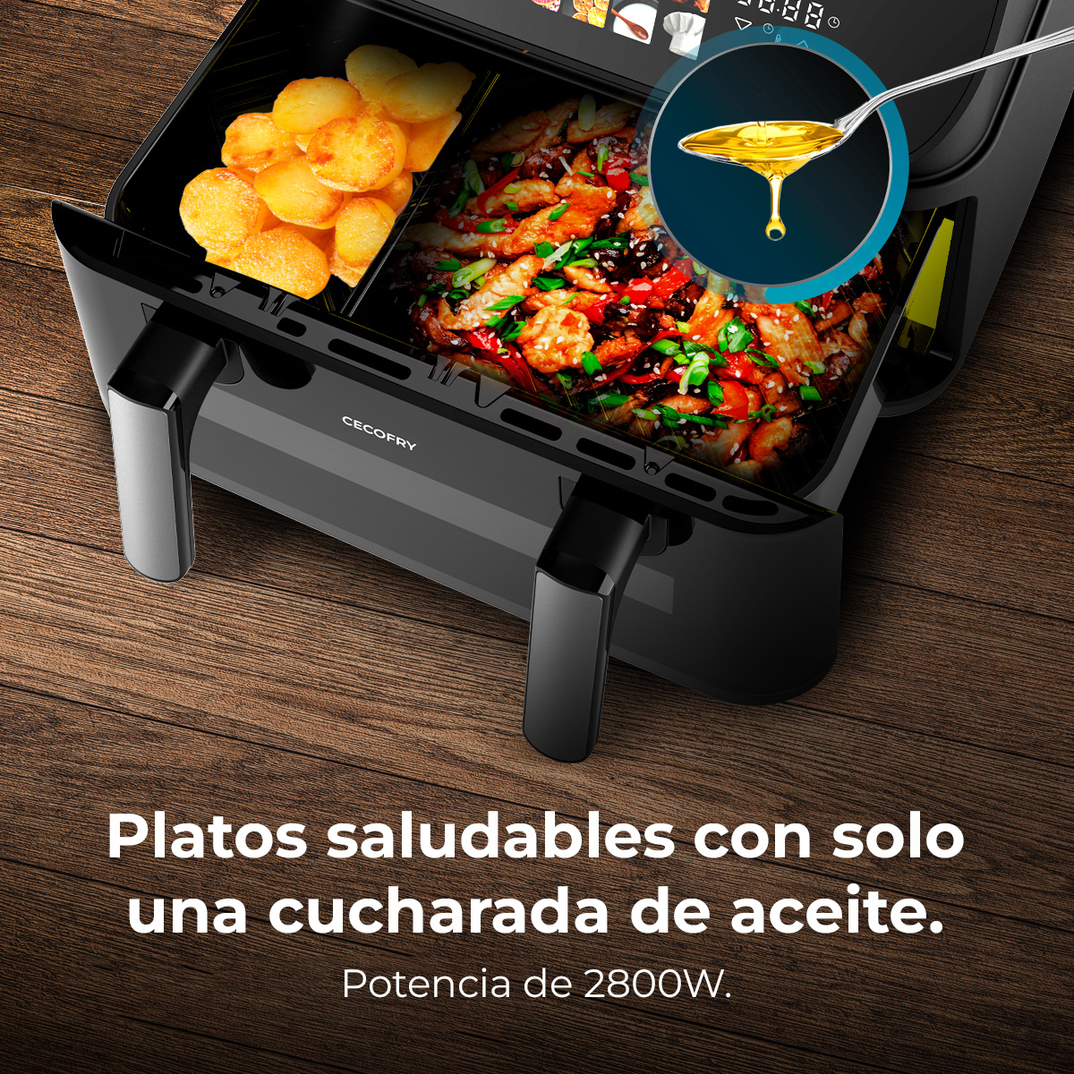 Una freidora de aire con dos compartimentos llenos de comida y una cuchara con aceite.