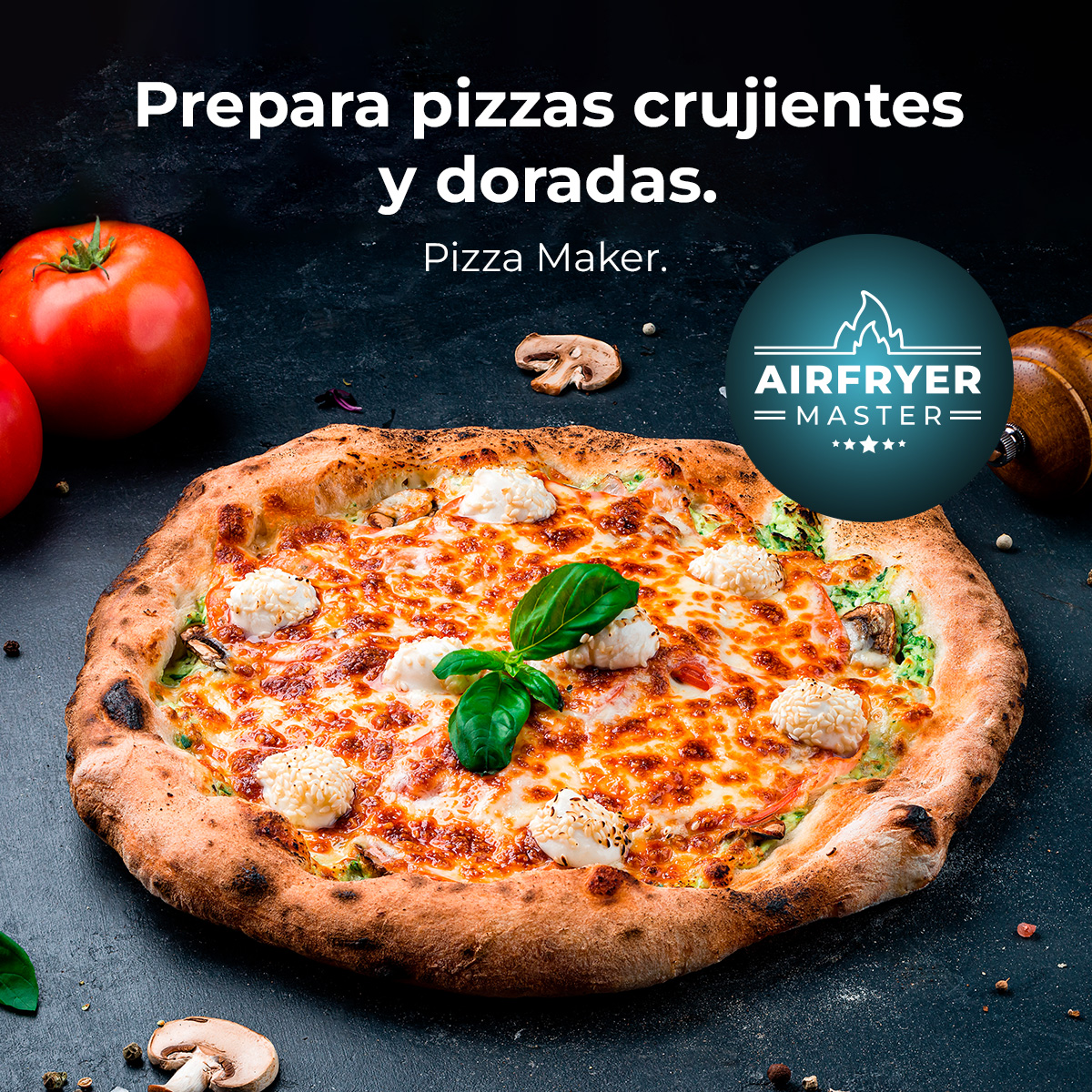 Pizza con queso y albahaca sobre una superficie oscura, con ingredientes y logotipo.