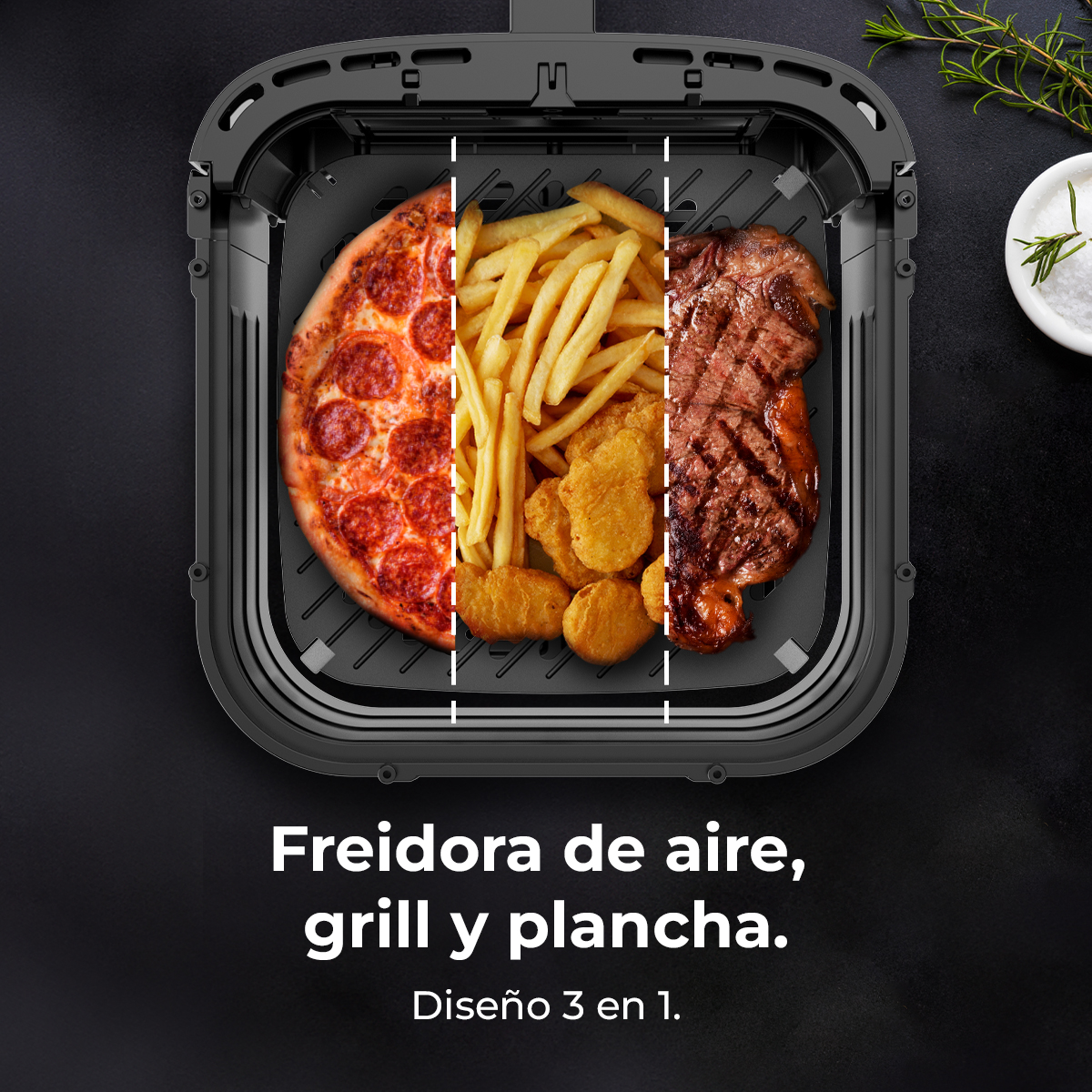Freidora de aire con pizza, papas fritas, nuggets de pollo y bistec. Texto: Freidora, grill y plancha.