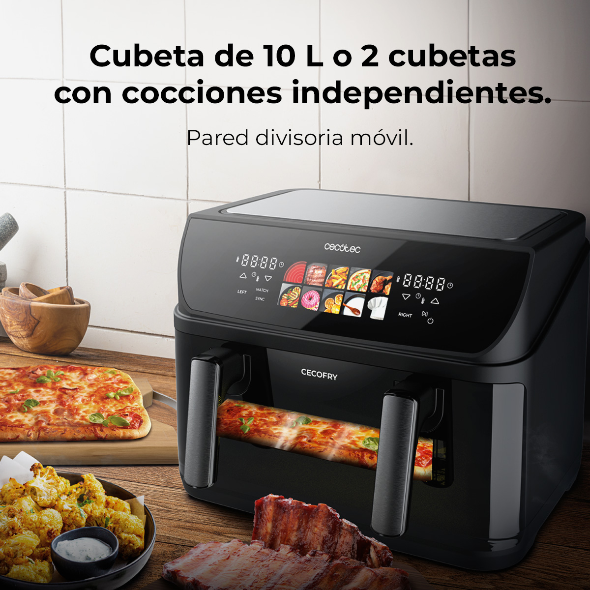 Freidora de aire con comida: pizza, costillas y coliflor. Texto en español describe 10L con compartimentos.