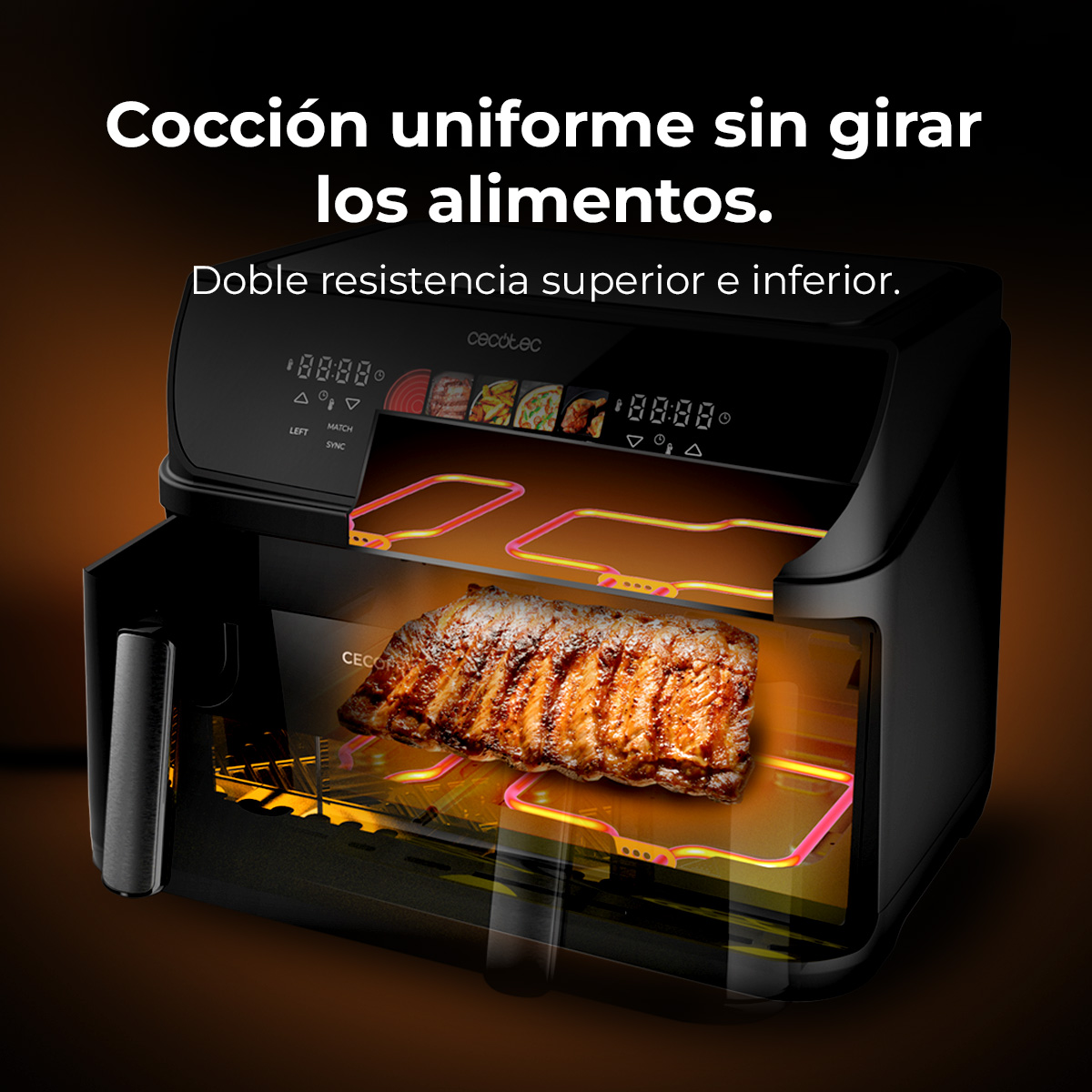 Freidora de aire con carne cocinada dentro, con controles en el panel frontal.