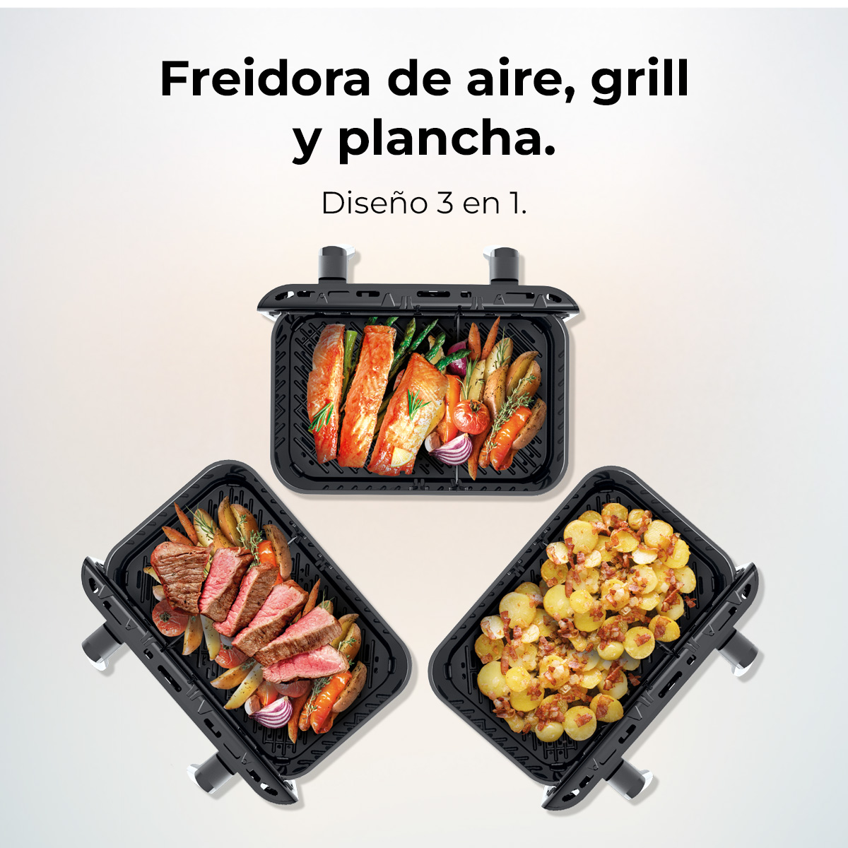 Tres bandejas de freidora de aire, parrilla y plancha negras con comida cocinada. Texto: Freidora, parrilla y plancha. 3 en 1.