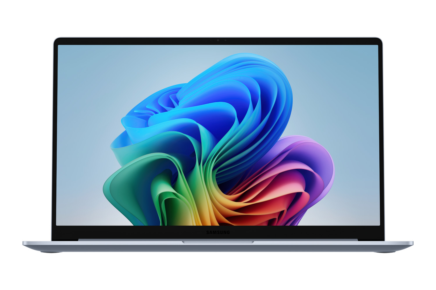 A laptop displaying an abstract colorful design against a white backdrop.
