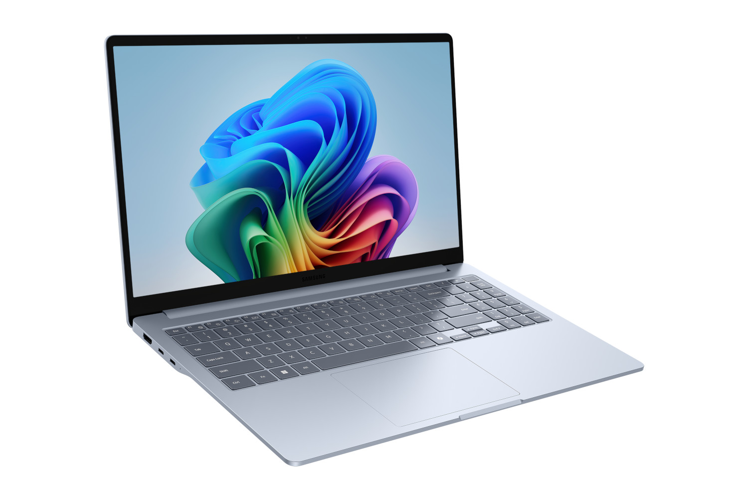 A silver laptop displays a colorful abstract image on a white background.