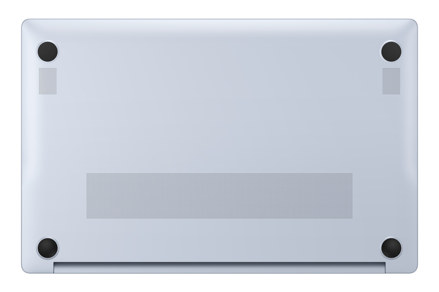 Bottom of a laptop with a light blue surface. It has vents and four black feet.