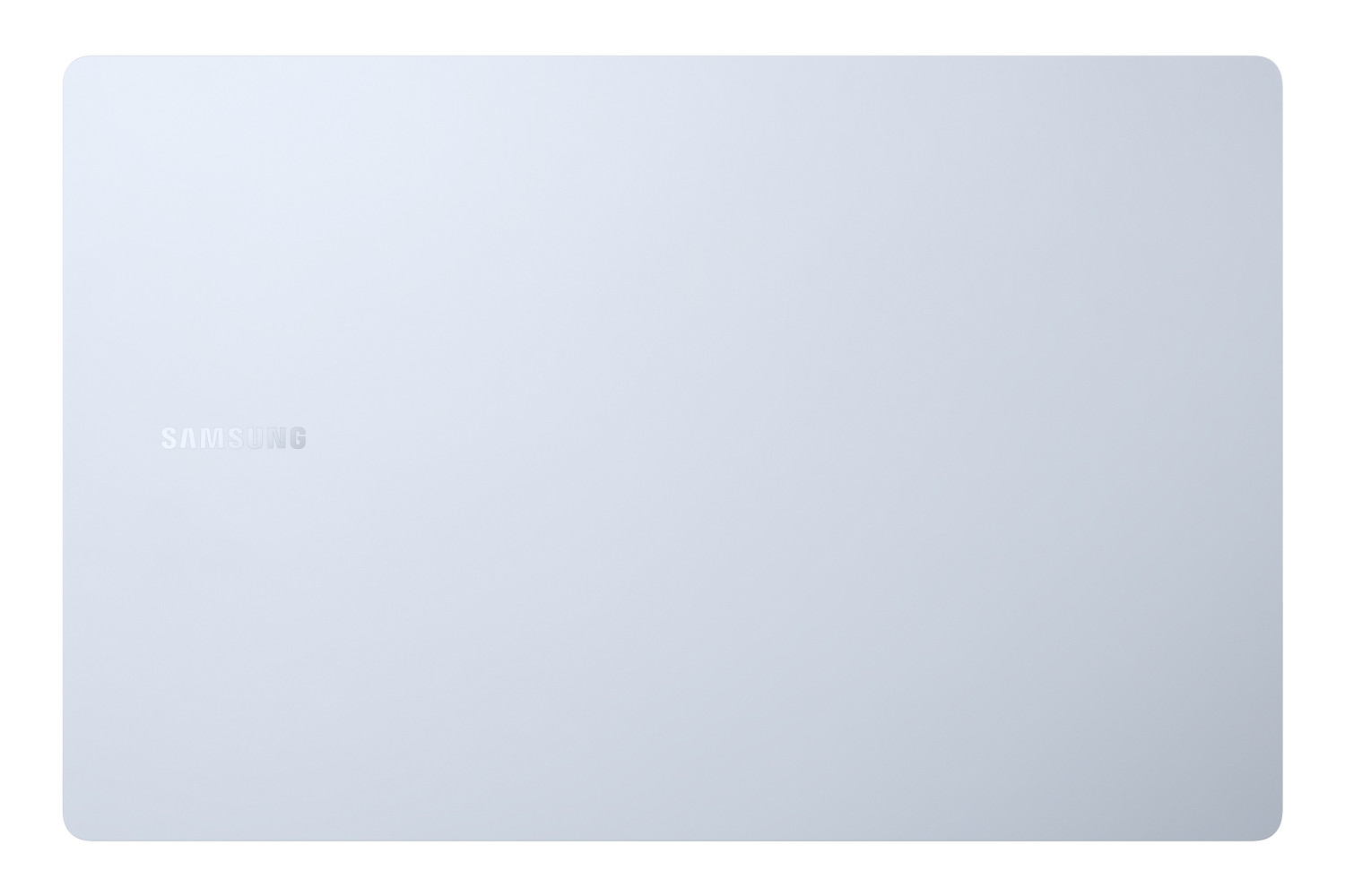 A light-colored, rectangular Samsung laptop with the brand name centered on the cover.