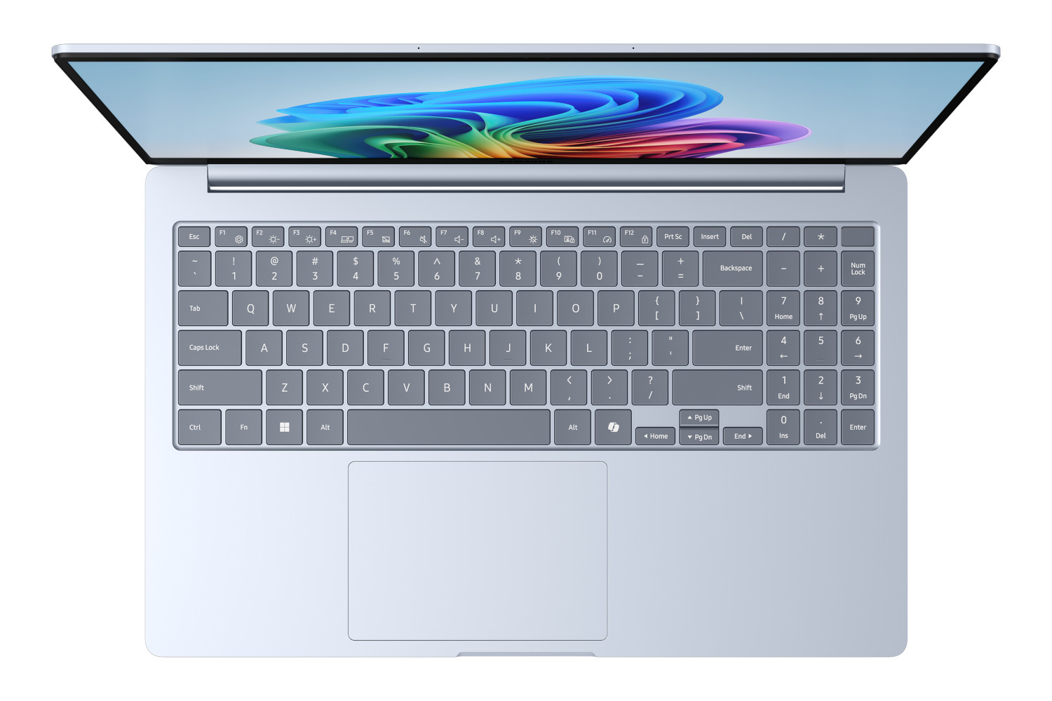 Overhead view of a light-blue laptop with keyboard and trackpad visible.