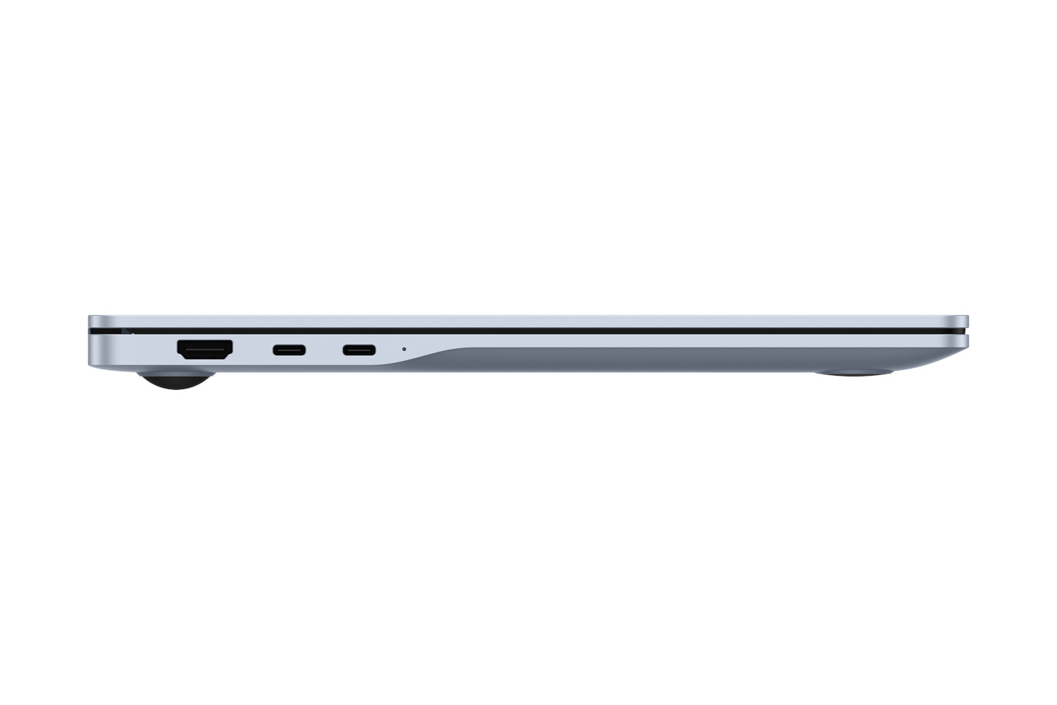 A side view of a gray laptop with ports, showing its thin profile and minimal design.