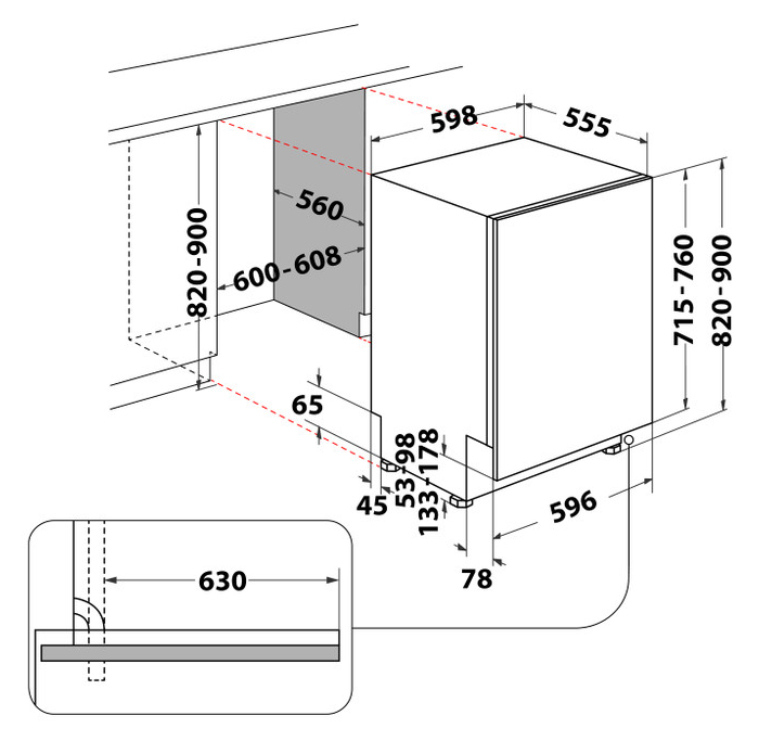 Egy mosogatógép diagramja, amely a méreteket mm-ben és a telepítéshez szükséges helyet mutatja.