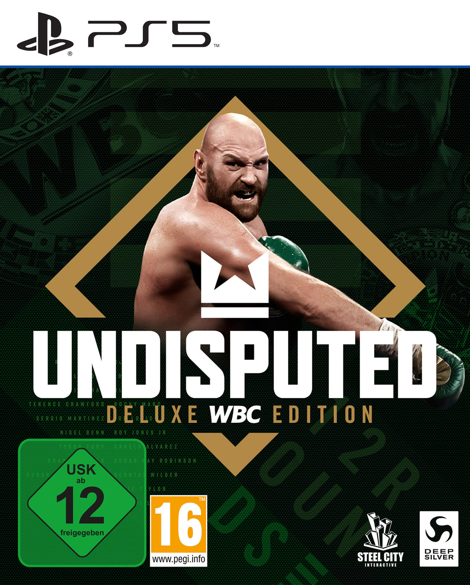 Undisputed Deluxe WBC Edition für PS5, ein Boxspiel-Cover mit Boxer und Logos.