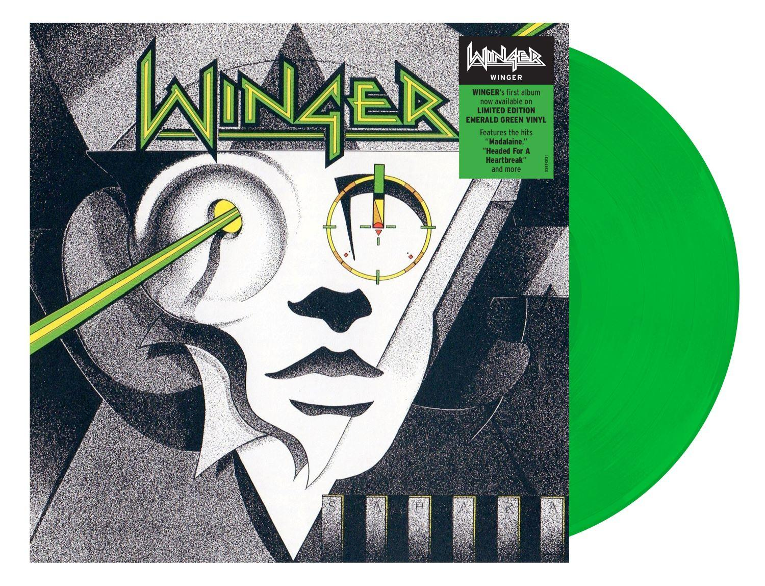Eine grüne Schallplatte und ein Albumcover mit dem Wort Winger.