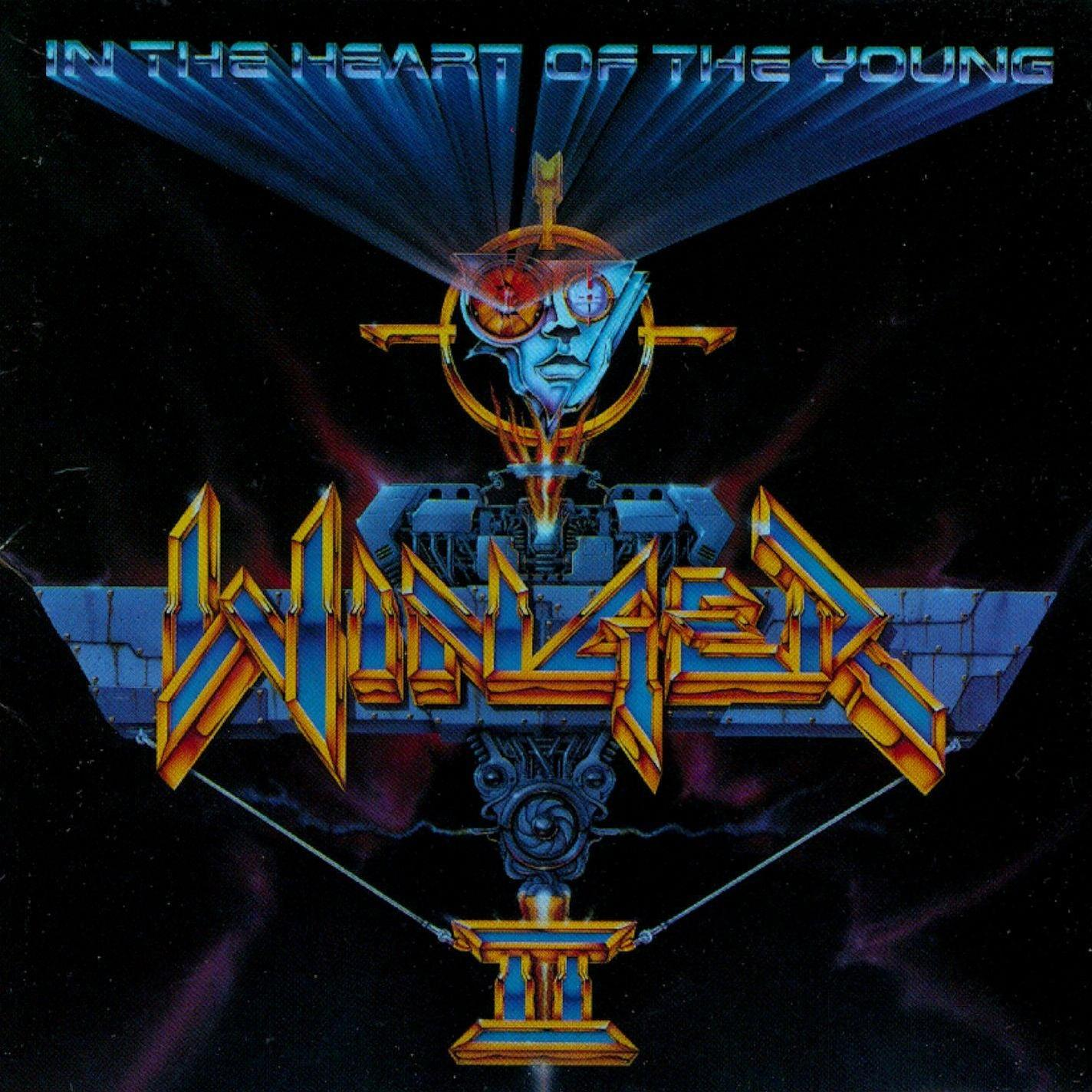 Albumcover mit futuristischem Design und dem Wort 'Winger' in metallischer Schrift.