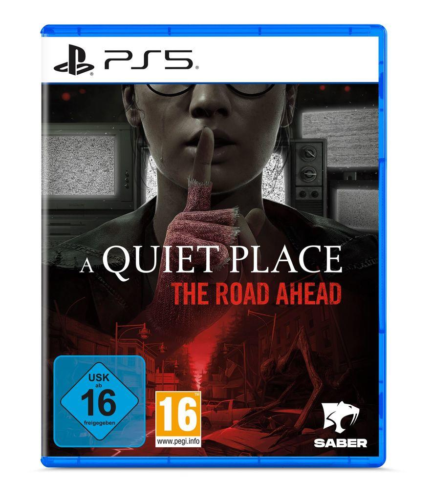 Spielbox für 'A Quiet Place: The Road Ahead'. Eine Frau hält Finger an die Lippen. Blaues Gehäuse.