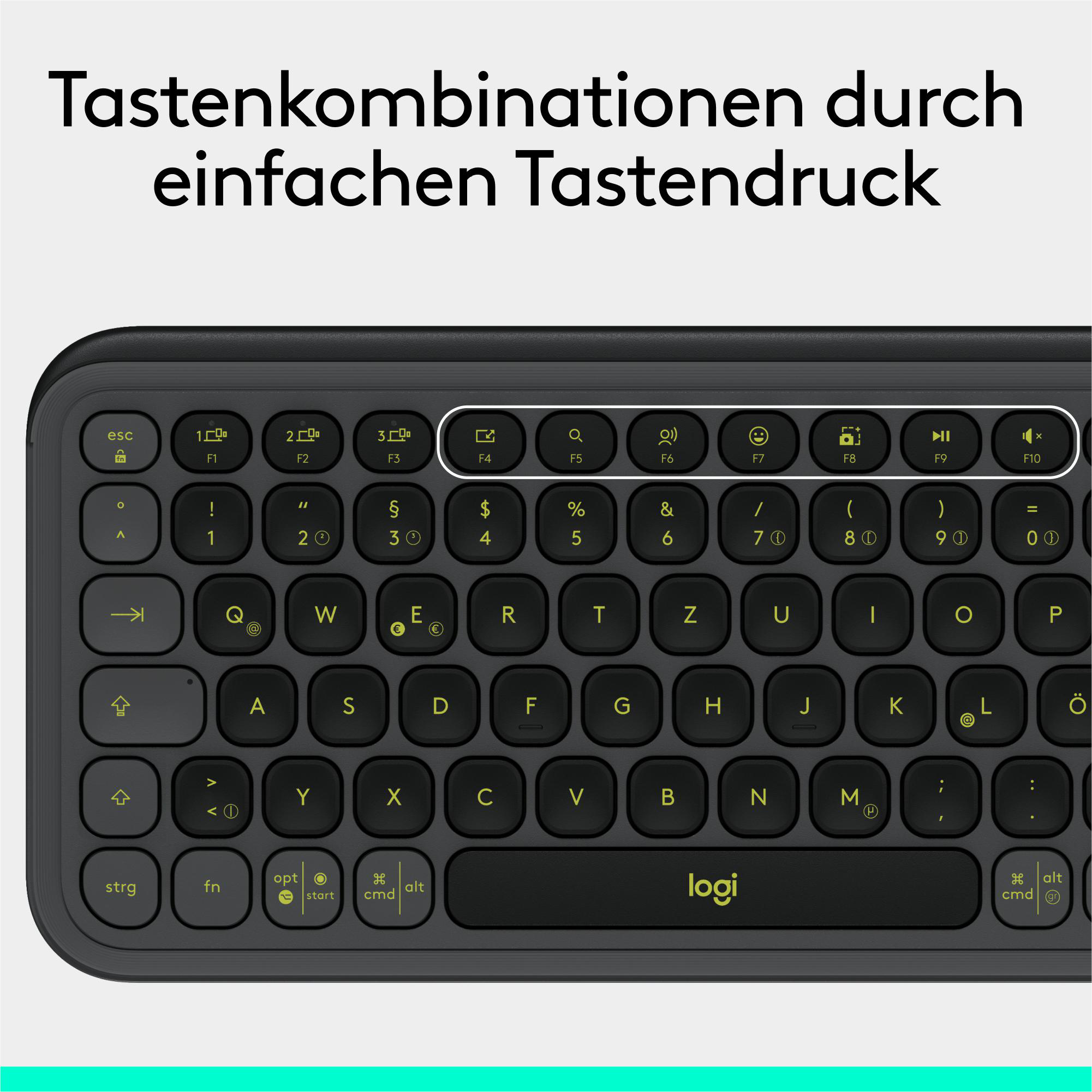 Logitech-Tastatur, dunkelgrau, mit Text, der Tastenkombinationen oben anzeigt.