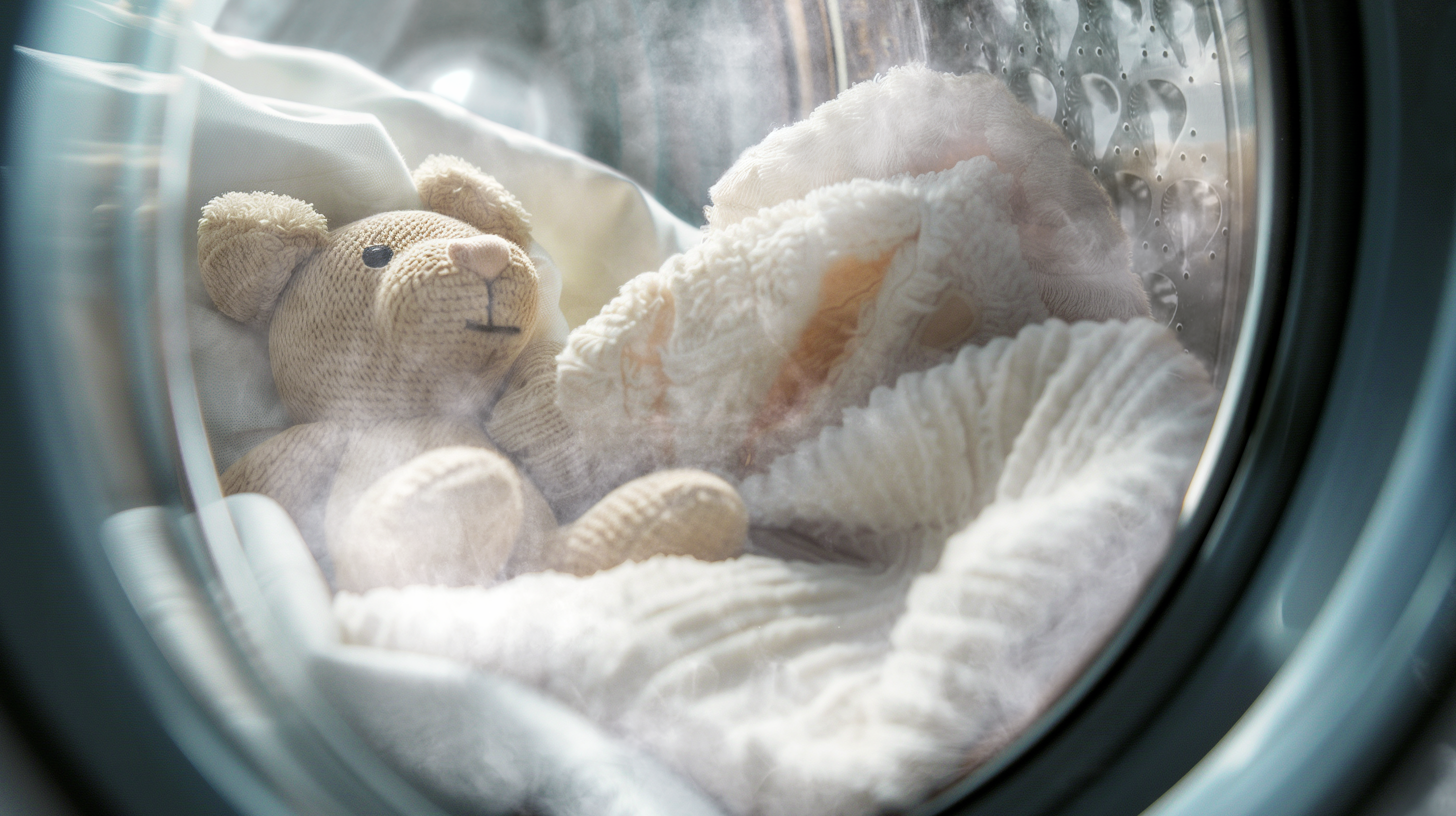 Un oso de peluche y mantas blancas dentro de una lavadora. El vapor es visible.
