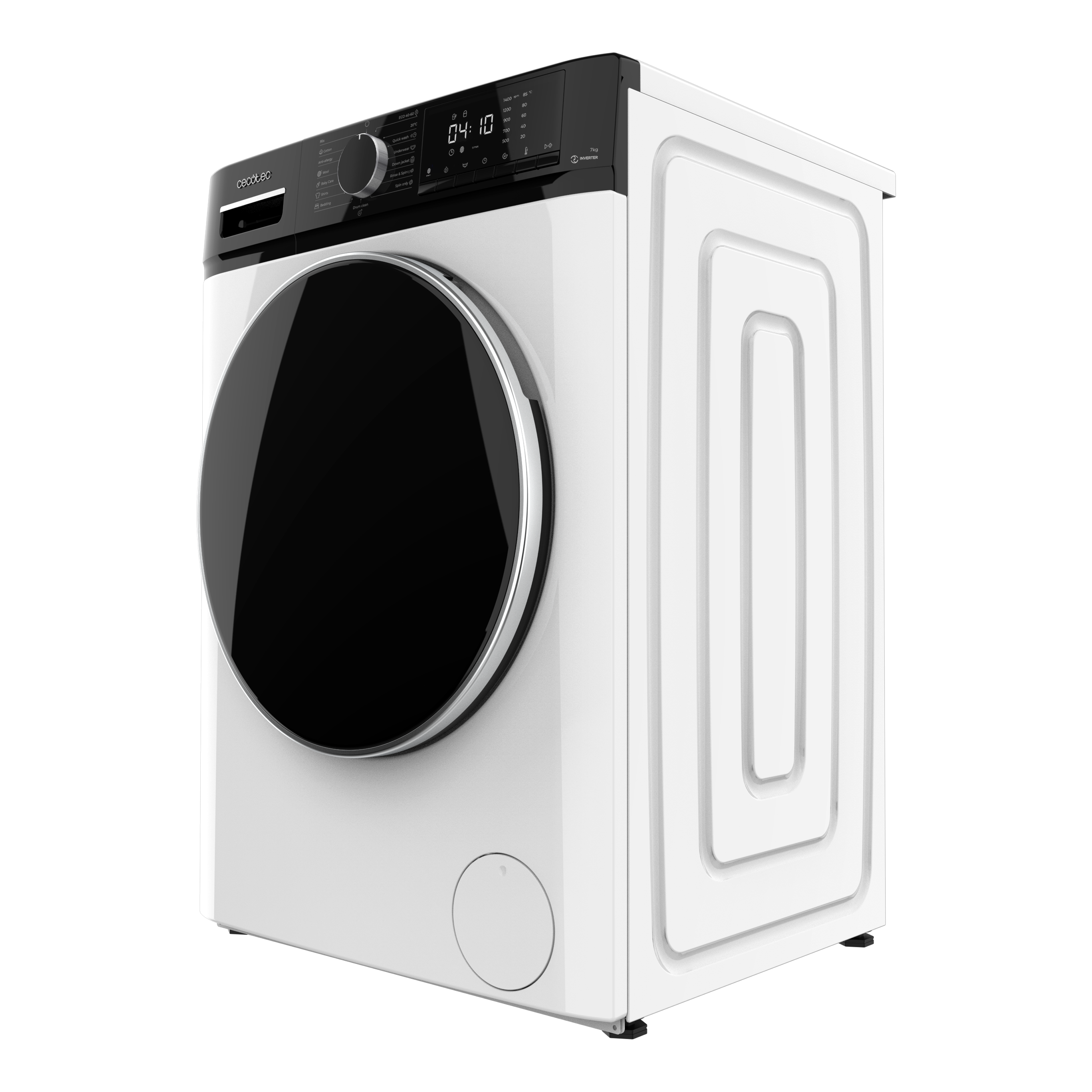 Una lavadora blanca con puerta negra y pantalla digital.