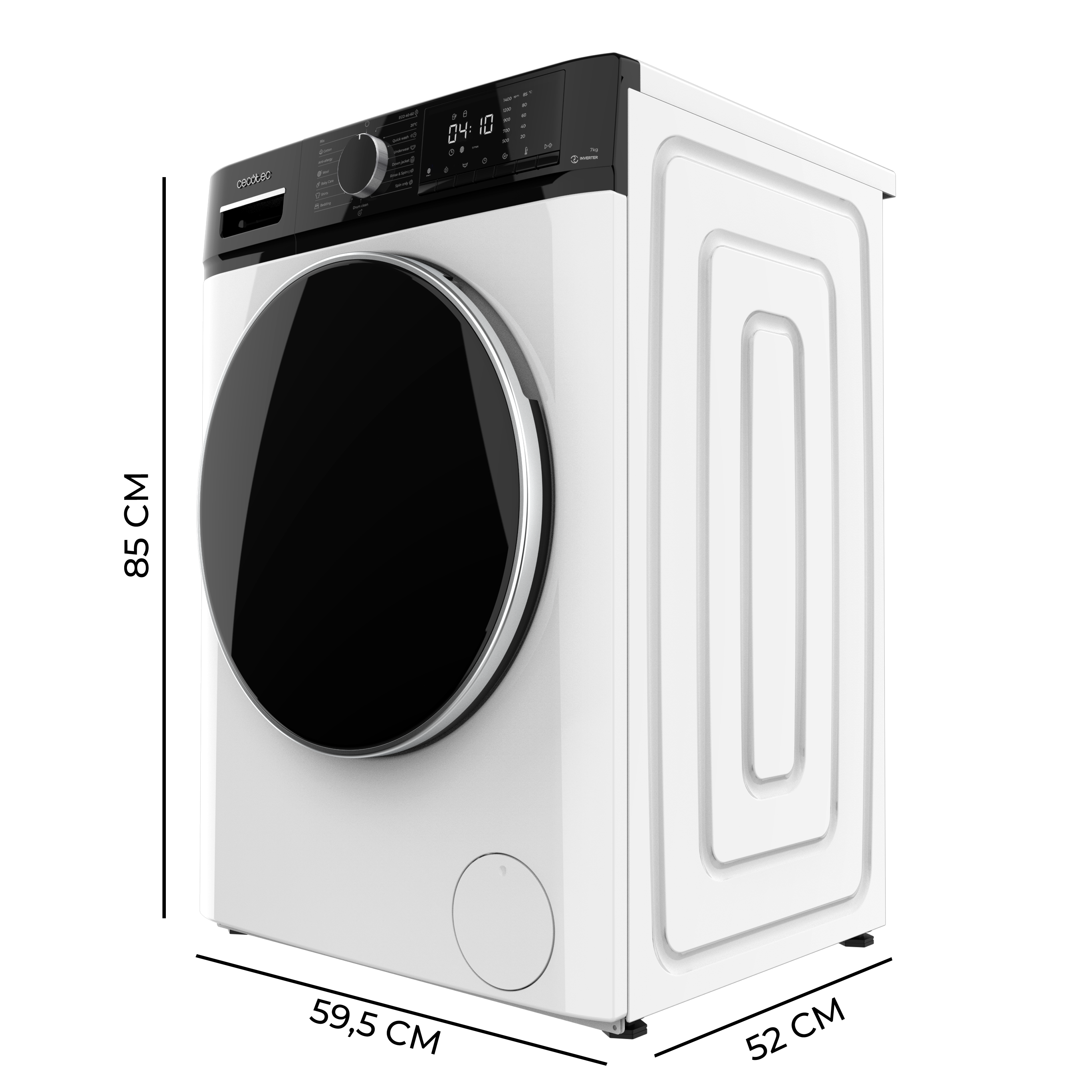 Una lavadora blanca. La máquina está en ángulo, mostrando la puerta y el panel lateral.