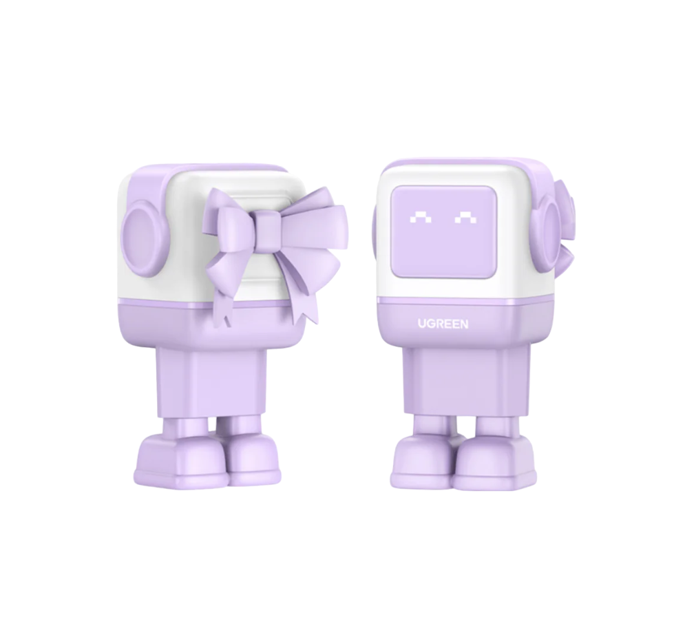 İki robot oyuncak, biri kurdeleli, açık mor ve beyaz renklerde.