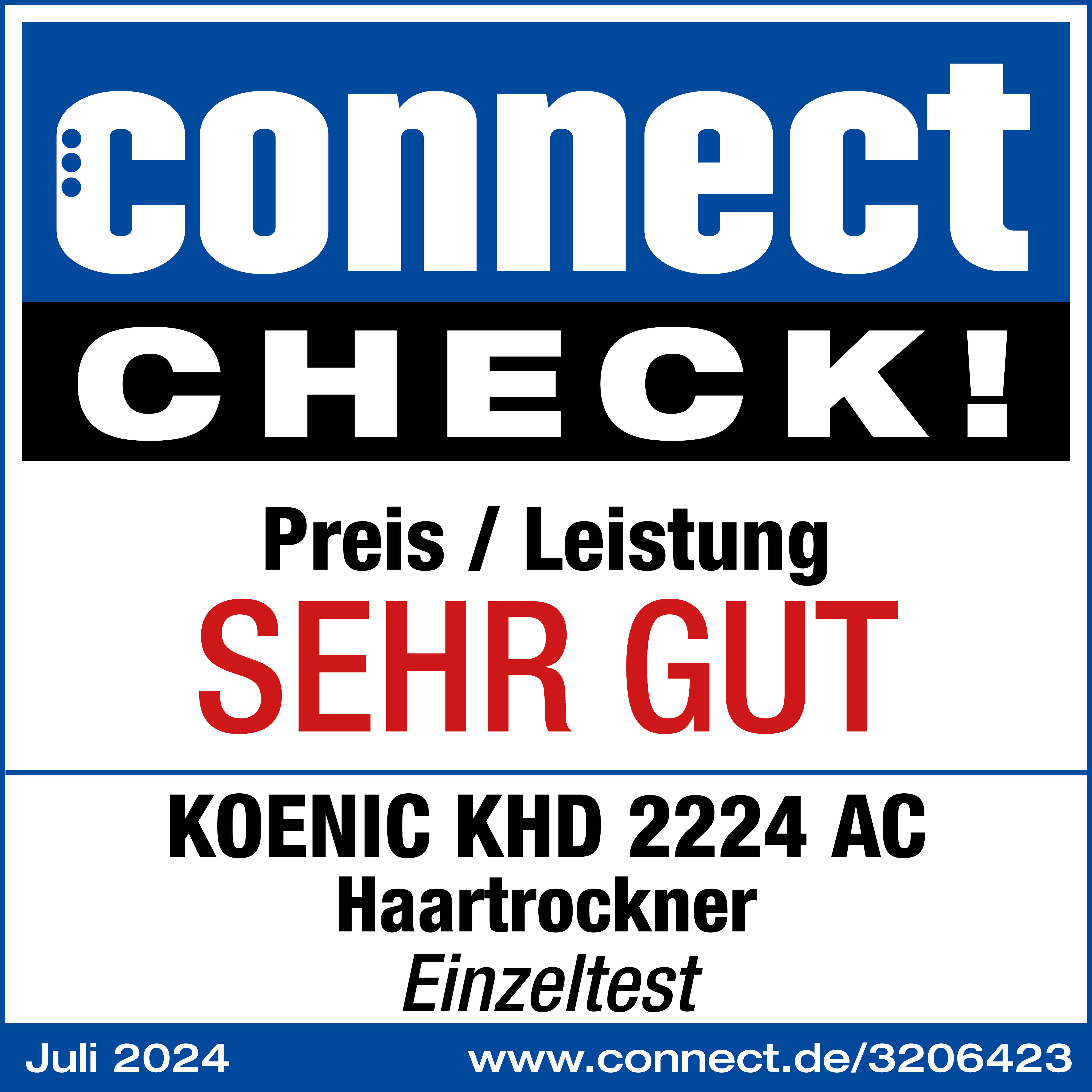 Ein blau-weißes Abzeichen, das die Leistung und den Preis eines Produkts angibt.