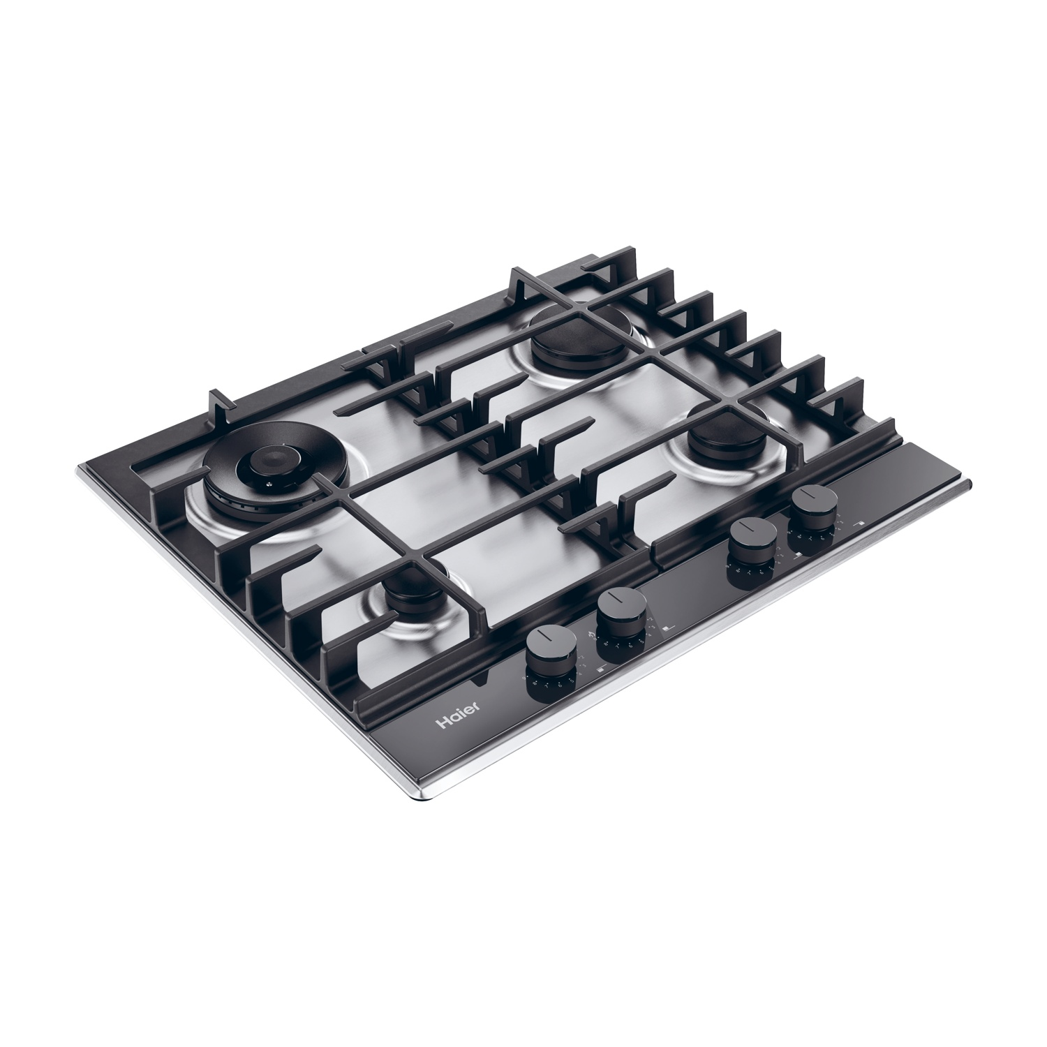 Piano cottura a gas nero con quattro fuochi e manopole. Logo Haier visibile.
