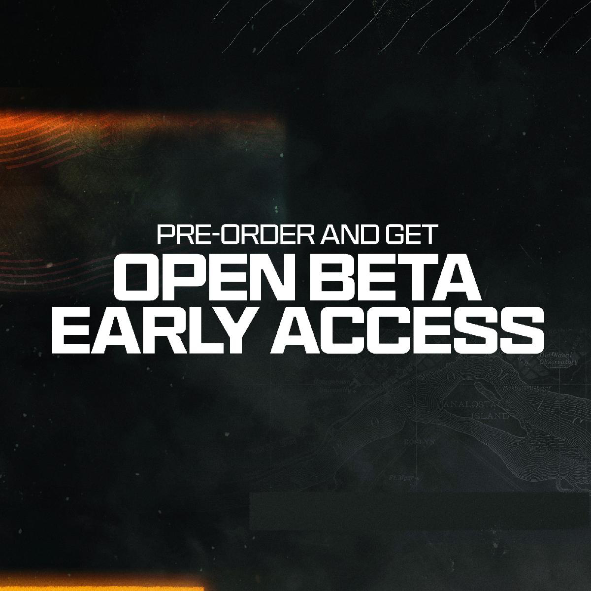 Textgrafik mit den Worten VORBESTELLEN UND OPEN BETA EARLY ACCESS erhalten über einer Karte.
