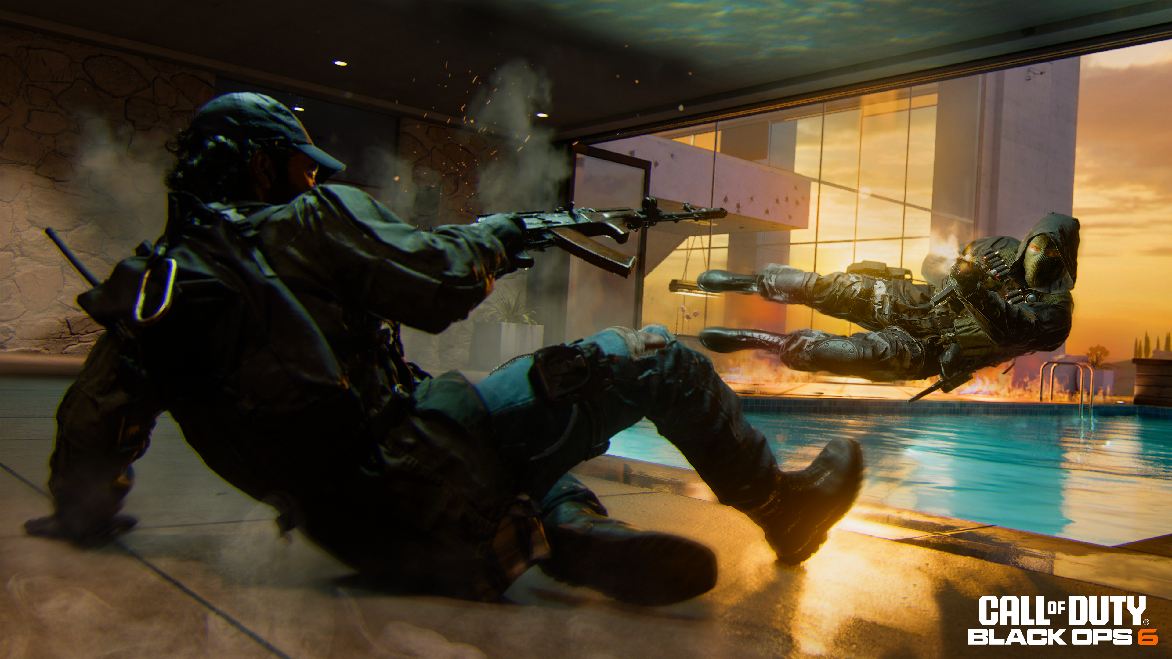 Soldaten im Kampf, einer schießt mit einer Waffe. Ein zweiter Soldat ist in der Luft, über einem Pool. Die Szene spielt bei Sonnenuntergang.