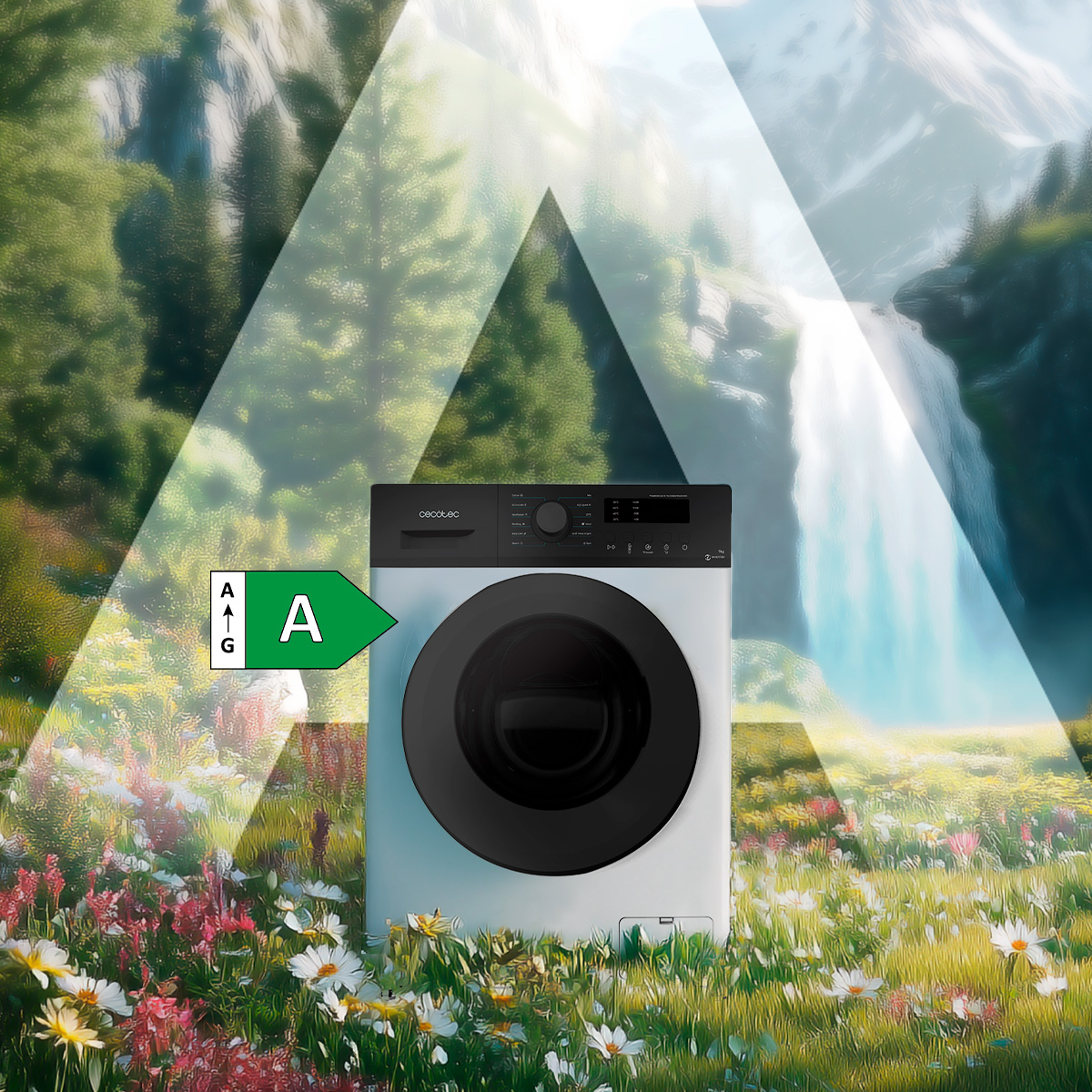 Lavadora en un campo de flores. Etiqueta energética A. Fondo: cascada y bosque verde.