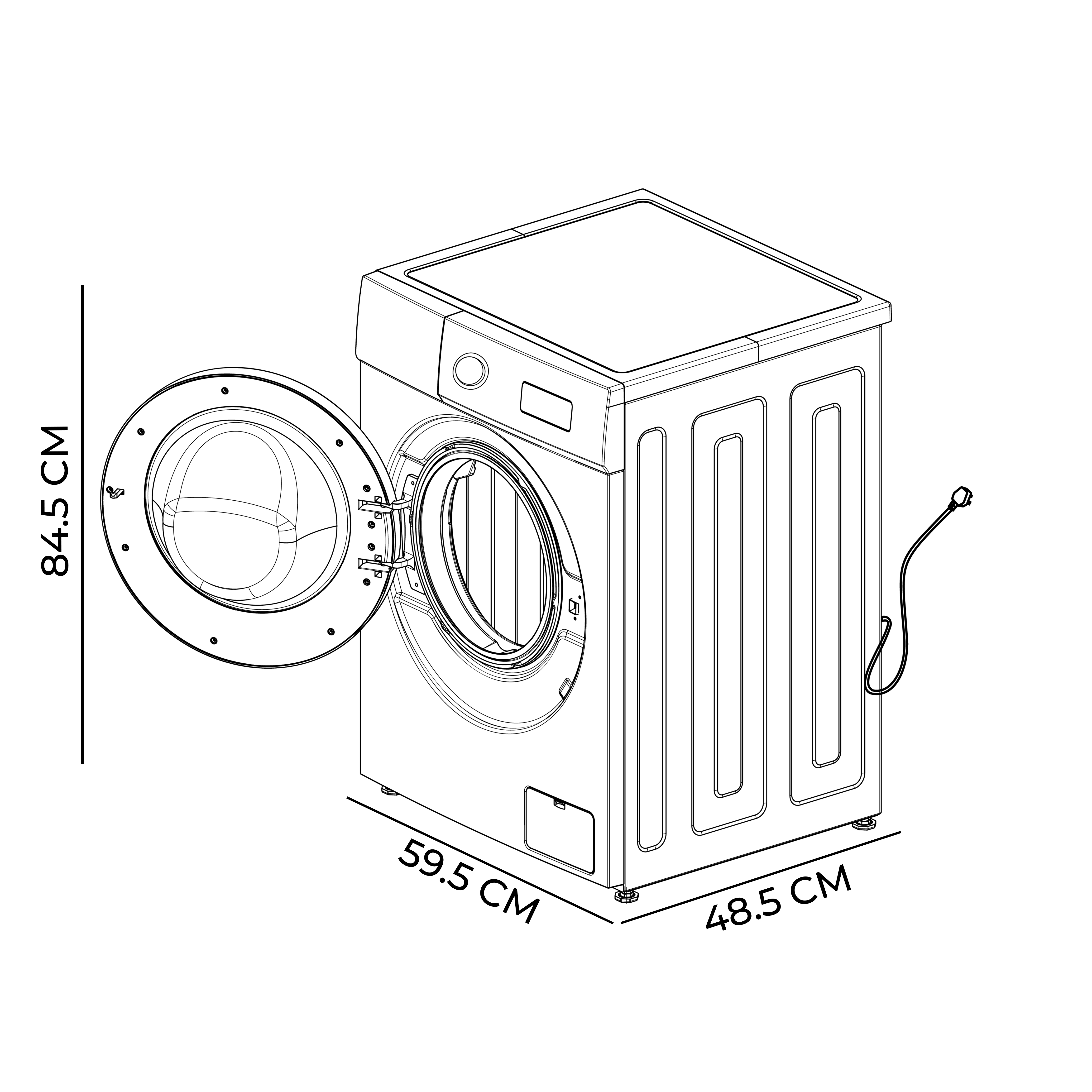 Dibujo lineal de una lavadora, puerta abierta.