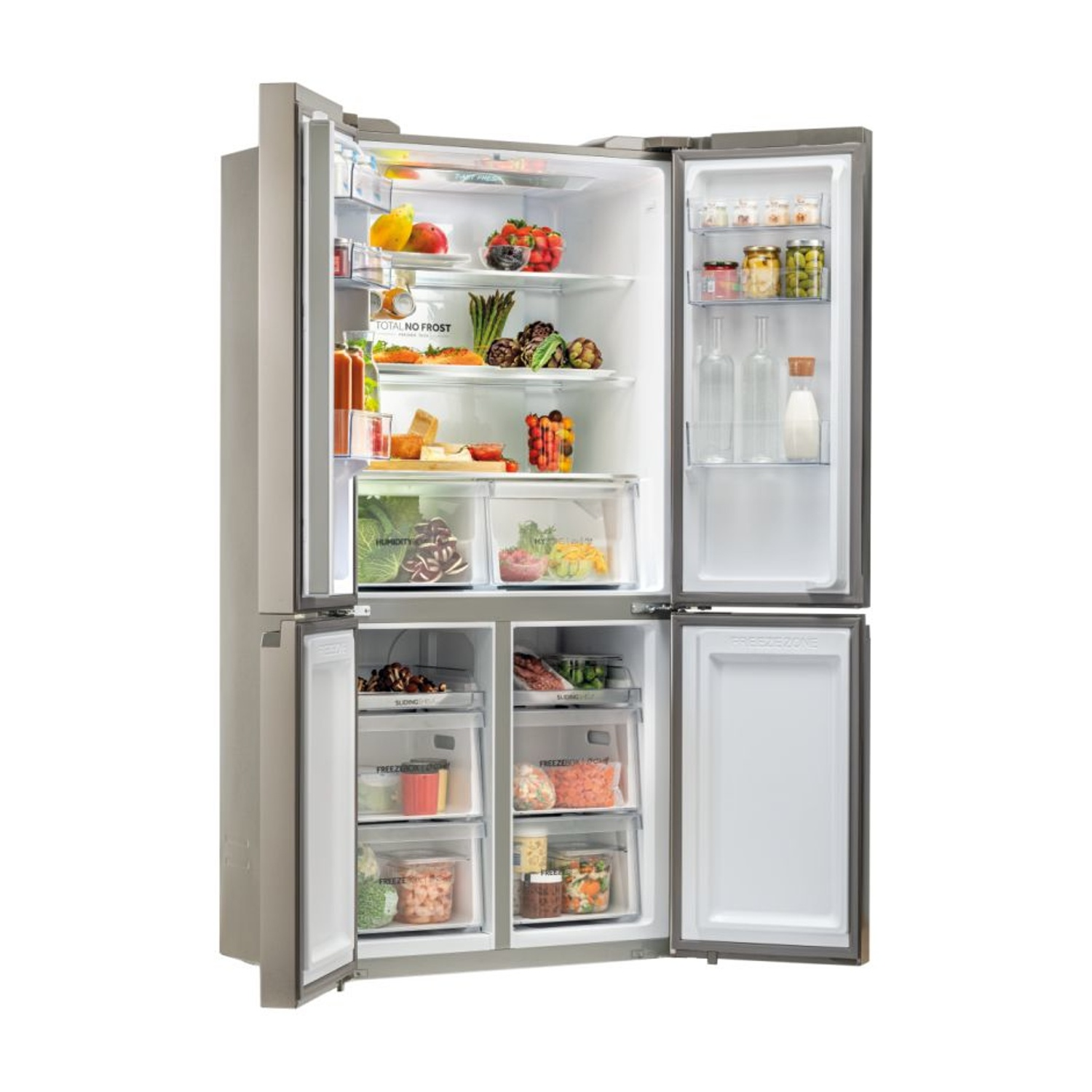 Un frigorifero moderno con più ante aperte, che mostra ripiani, cassetti e cibo organizzati.