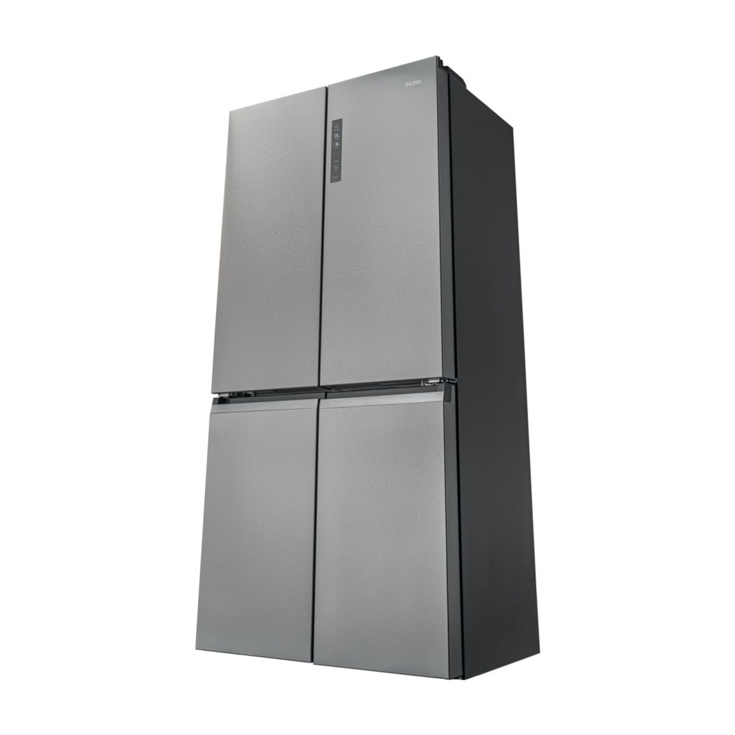 Frigorifero Haier argento con quattro porte, lato grigio scuro e sfondo chiaro.