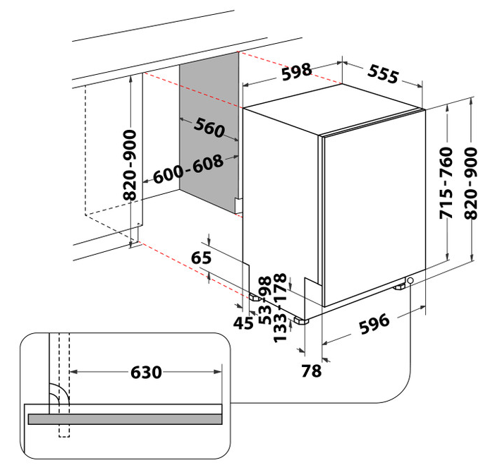 Mosogatógép diagramja méretekkel. Fekete-fehér rajz fehér háttéren.