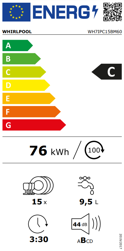 Whirlpool mosogatógép energia címkéje. Energiahatékonyságot, víz- és zajszintet mutat.