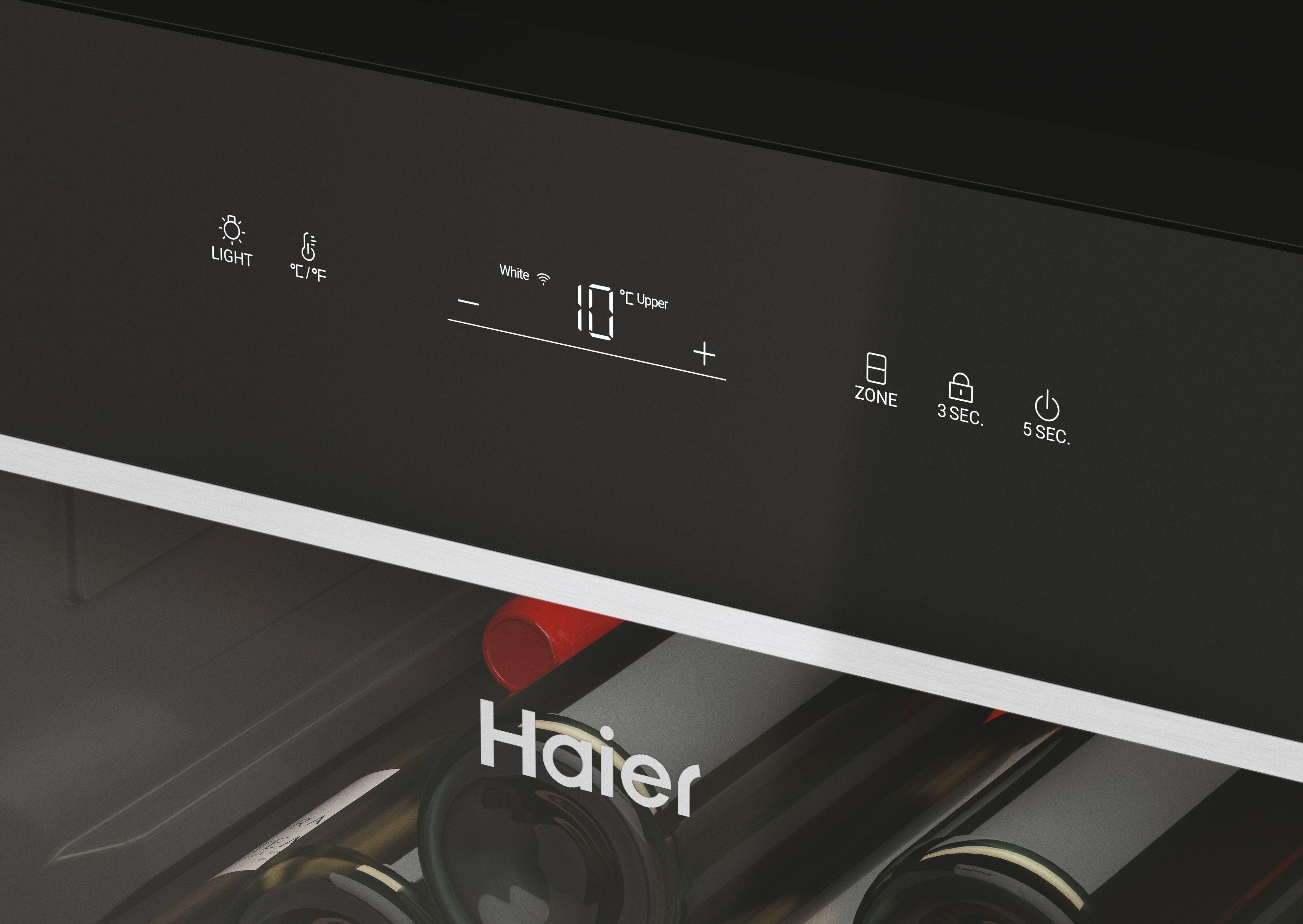 Ein schwarzes Kühlschrank-Bedienfeld mit digitaler Anzeige, die 10 Grad Celsius und verschiedene Symbole zeigt.