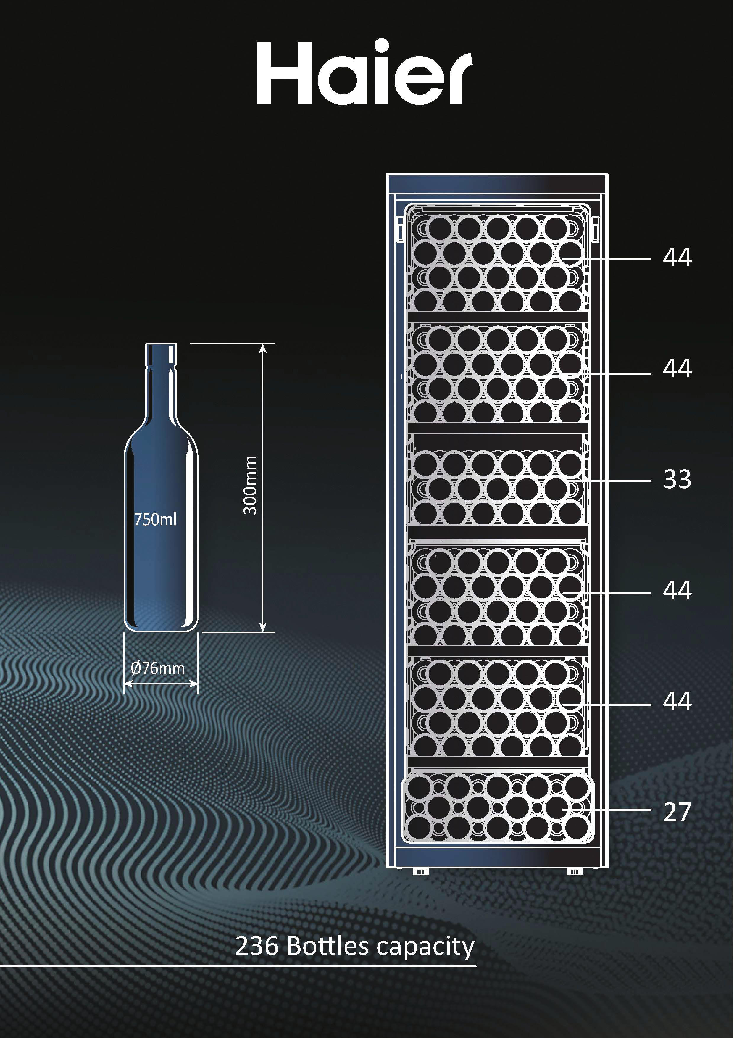 Ein Haier Weinkühler-Diagramm, das eine Weinflasche und Regale mit Flaschenkapazitäten zeigt.