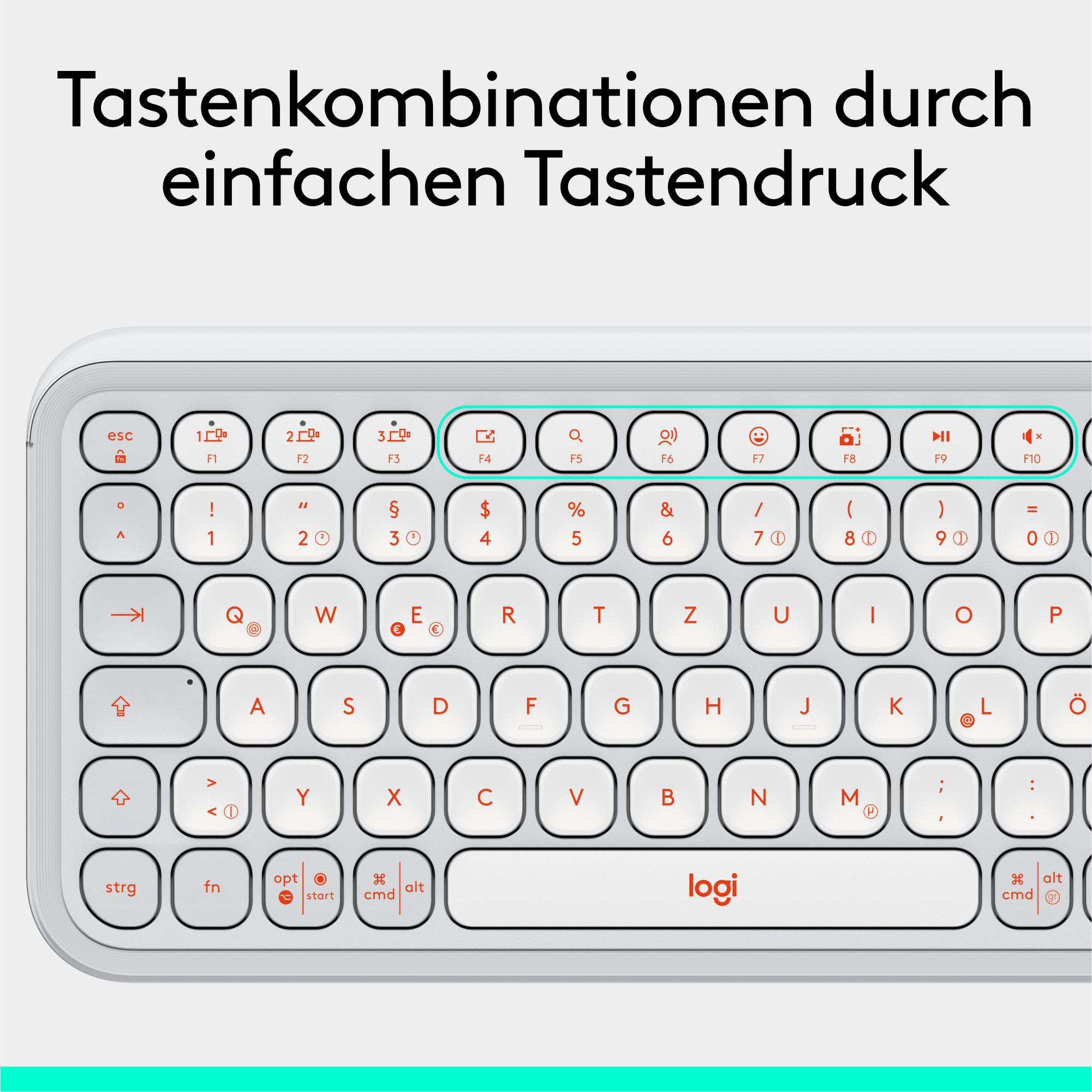 Eine Tastatur mit weißen Tasten und rotem Logi-Logo.