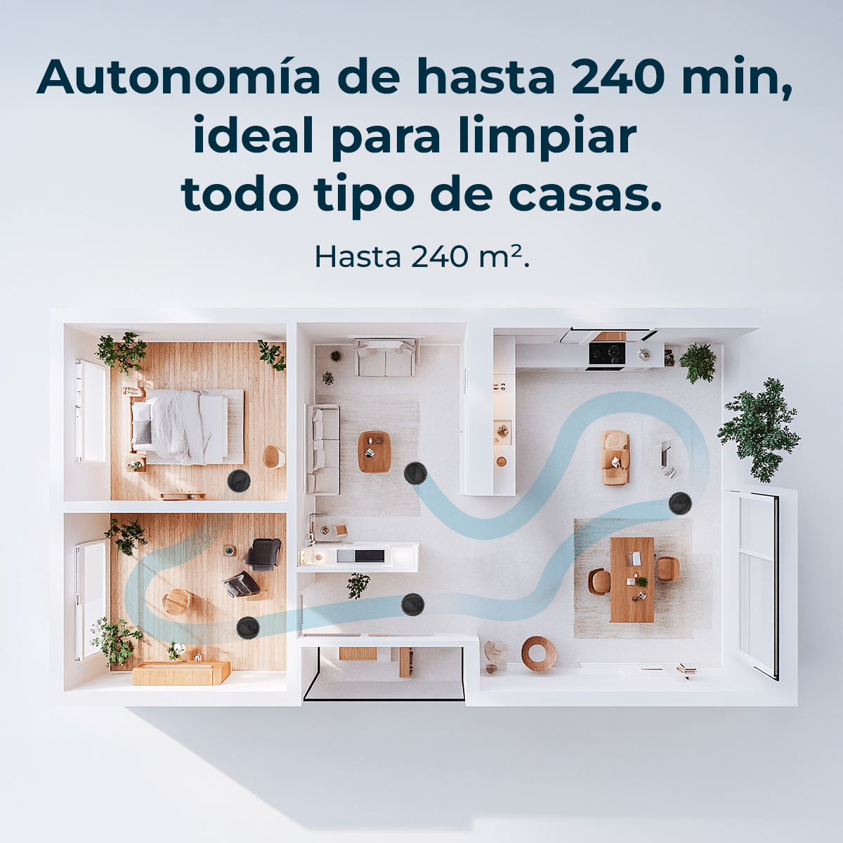 Vista superior de plano de casa con aspiradora robot y texto.