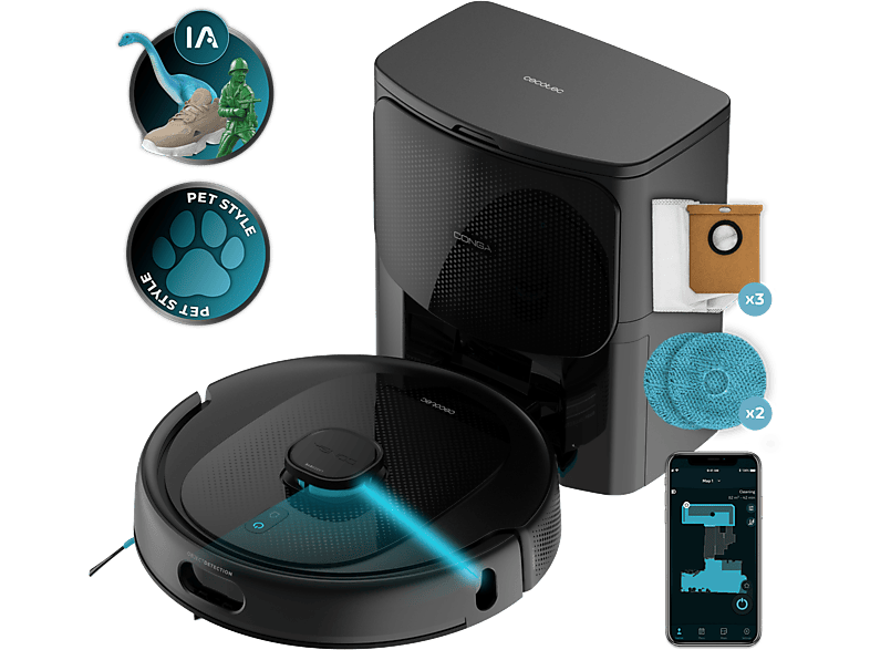 Cecotec Conga 9990 AI Spin Revolution Ultra Power Home, 4 en 1, Navegación láser, 10 kPa, 240 min, Base de autovaciado, Wi-Fi, Black
